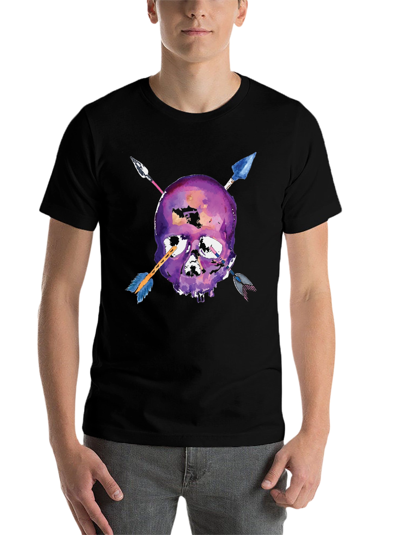 Black Skull Arrows T-Shirt - Unique Watercolor Style view 7