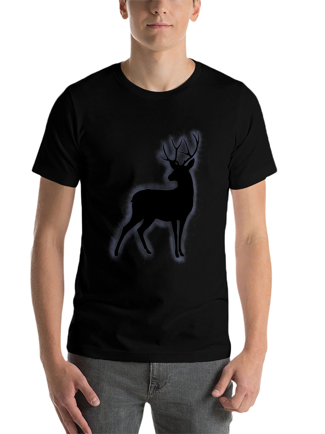 Black Men's Black T-Shirt with Deer Silhouette view 7