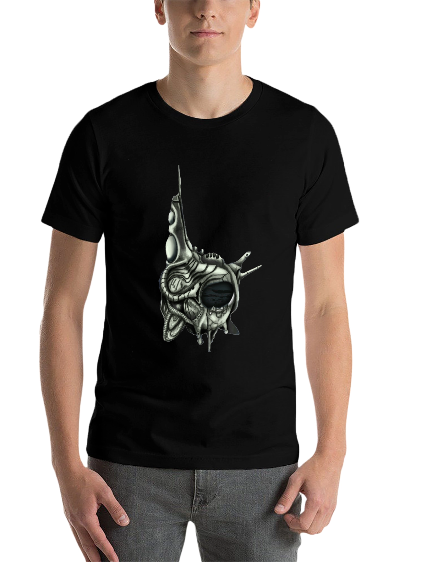 Black Cybernetic Skull T-Shirt - Dark Sci-Fi Style view 7