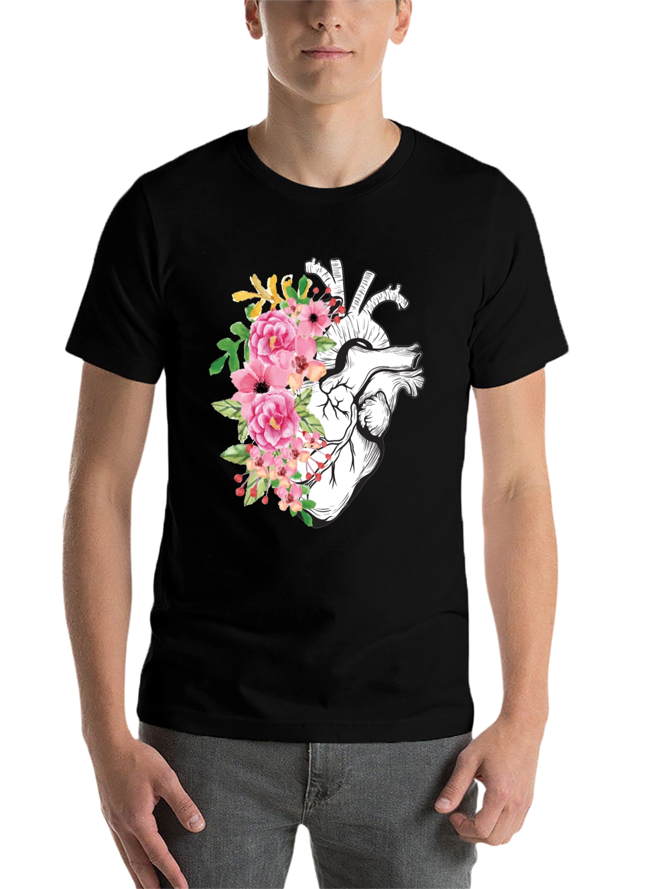 Black Floral Heart Graphic Tee - Anatomical Style view 7