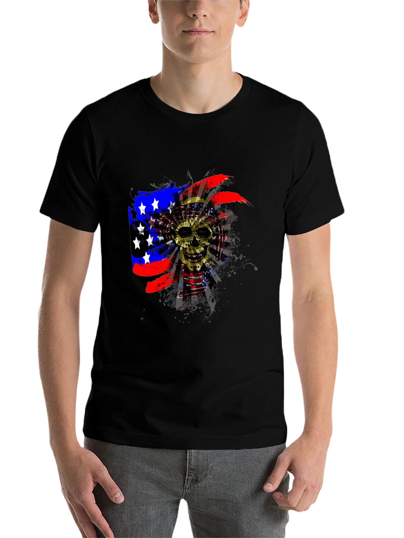Black Skull American Flag Men's Black T-Shirt view 7