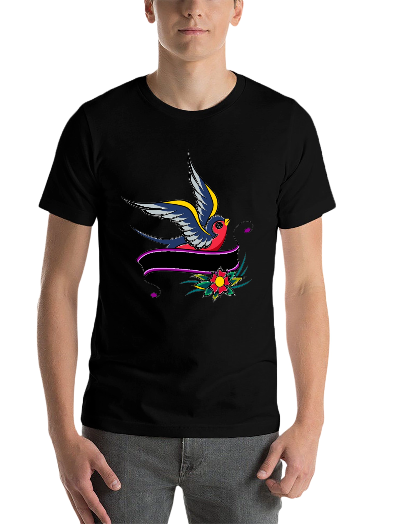 Black Swallow & Banner Graphic Black T-Shirt view 7