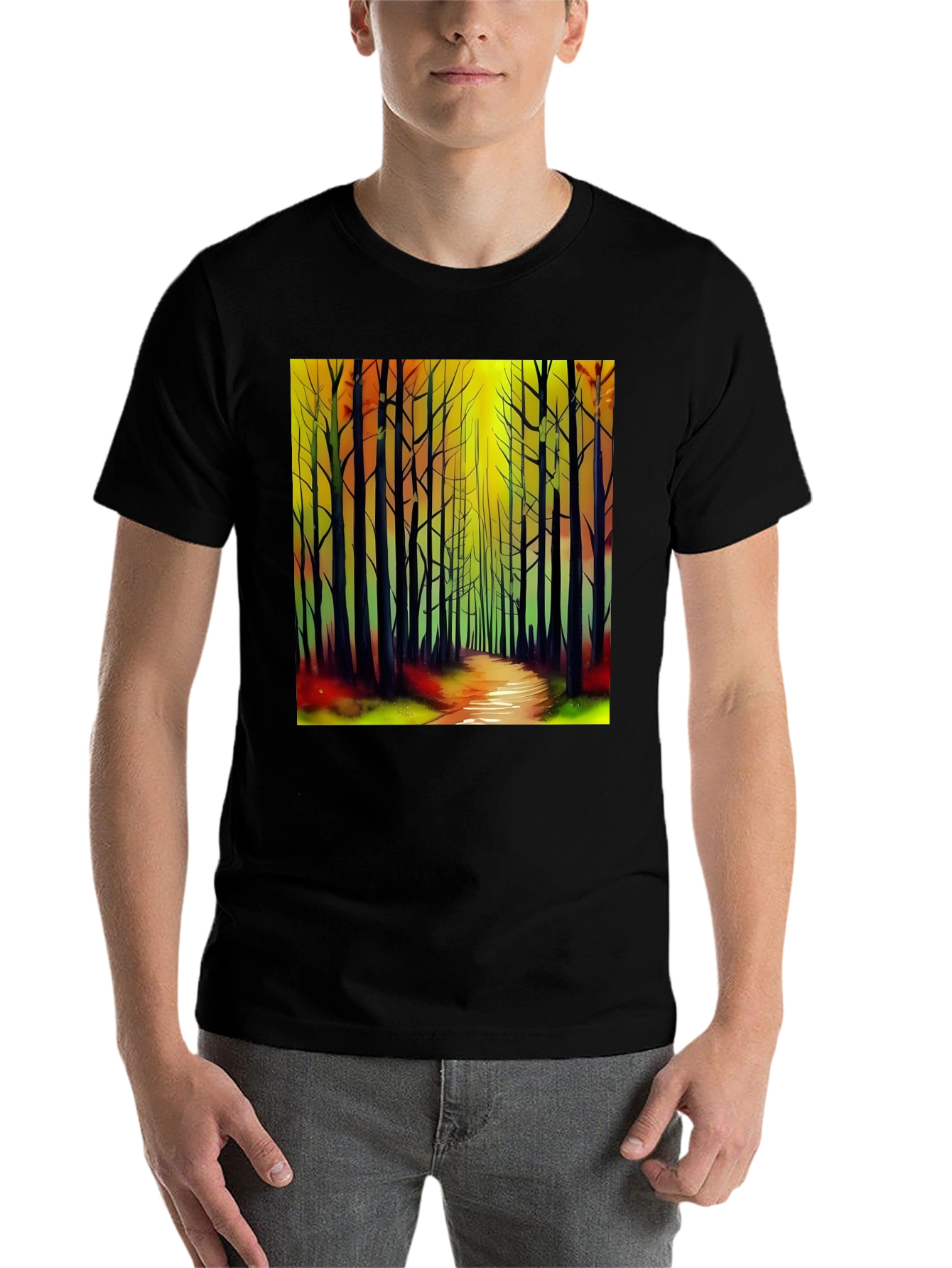 Black Abstract Forest Print Black T-Shirt view 7