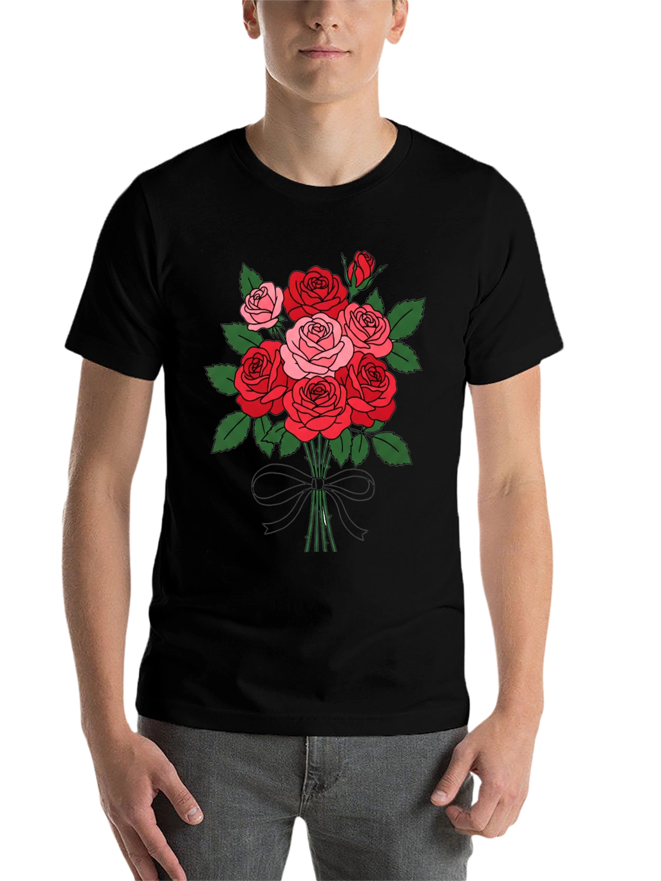 Black Floral Bouquet T-Shirt: Roses and Bow view 7