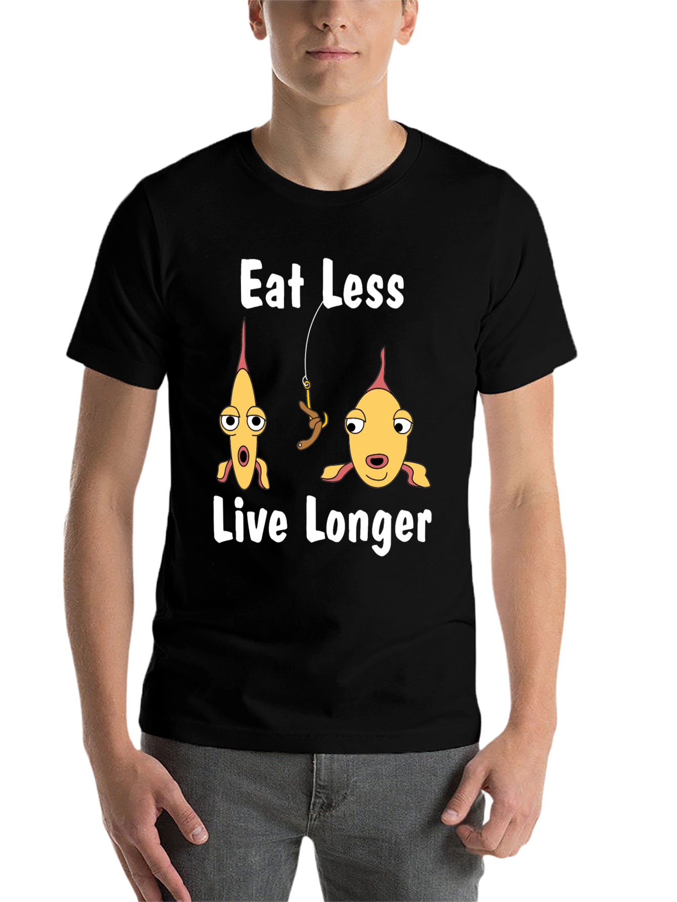 Black Eat Less Live Longer Funny Fish Graphic T-Shirt view 7