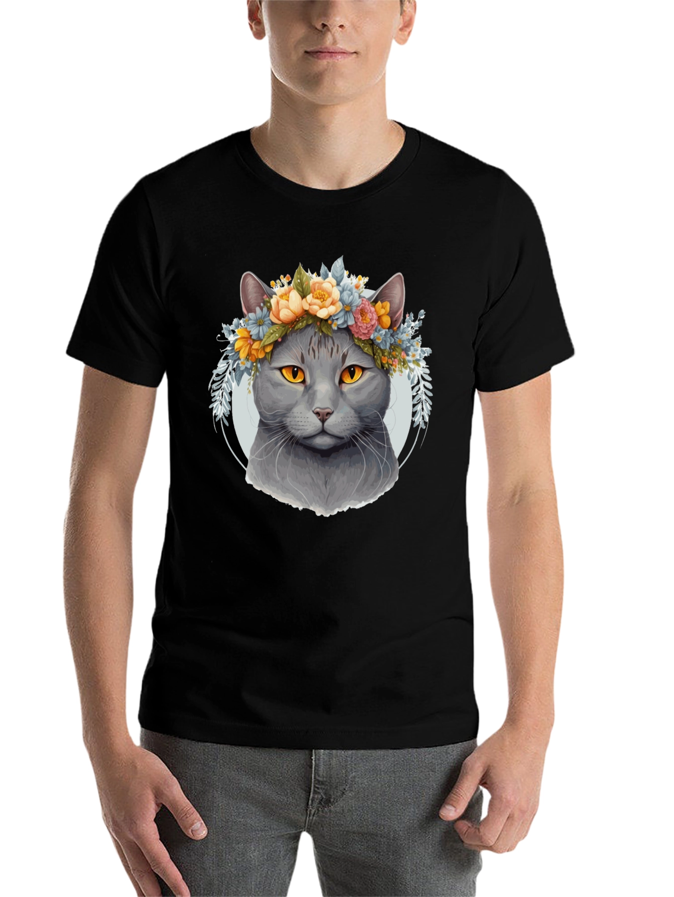 Black Cat Flower Crown Graphic Tee - Unique Style view 7