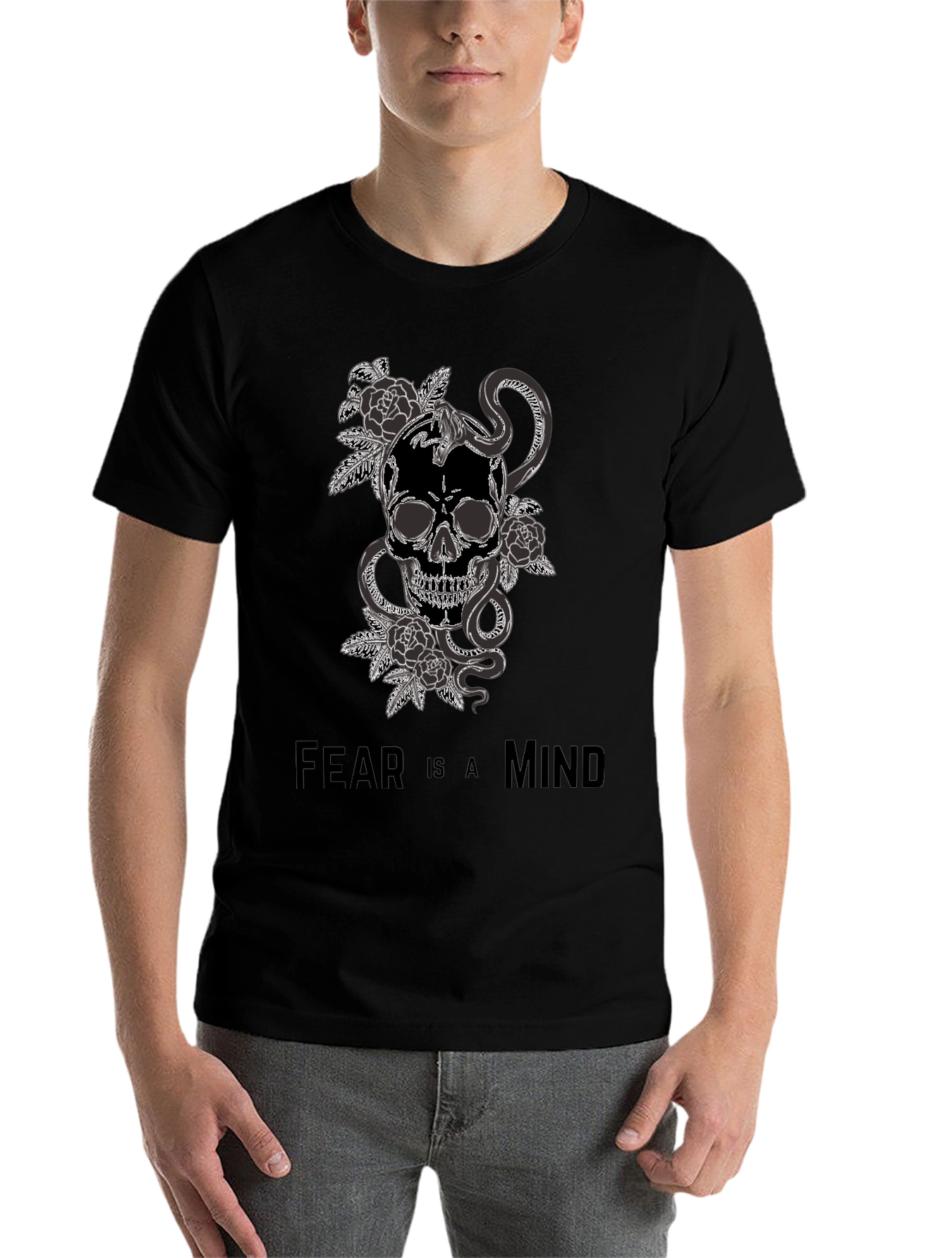 Black Skull Snake and Roses Graphic T-Shirt - Fear is a Mind view 7