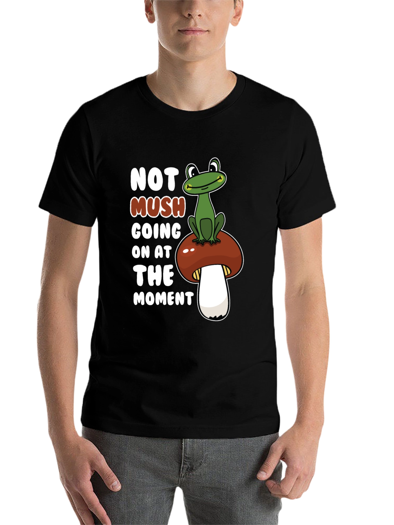 Black Funny Frog on Mushroom Graphic Tee view 7