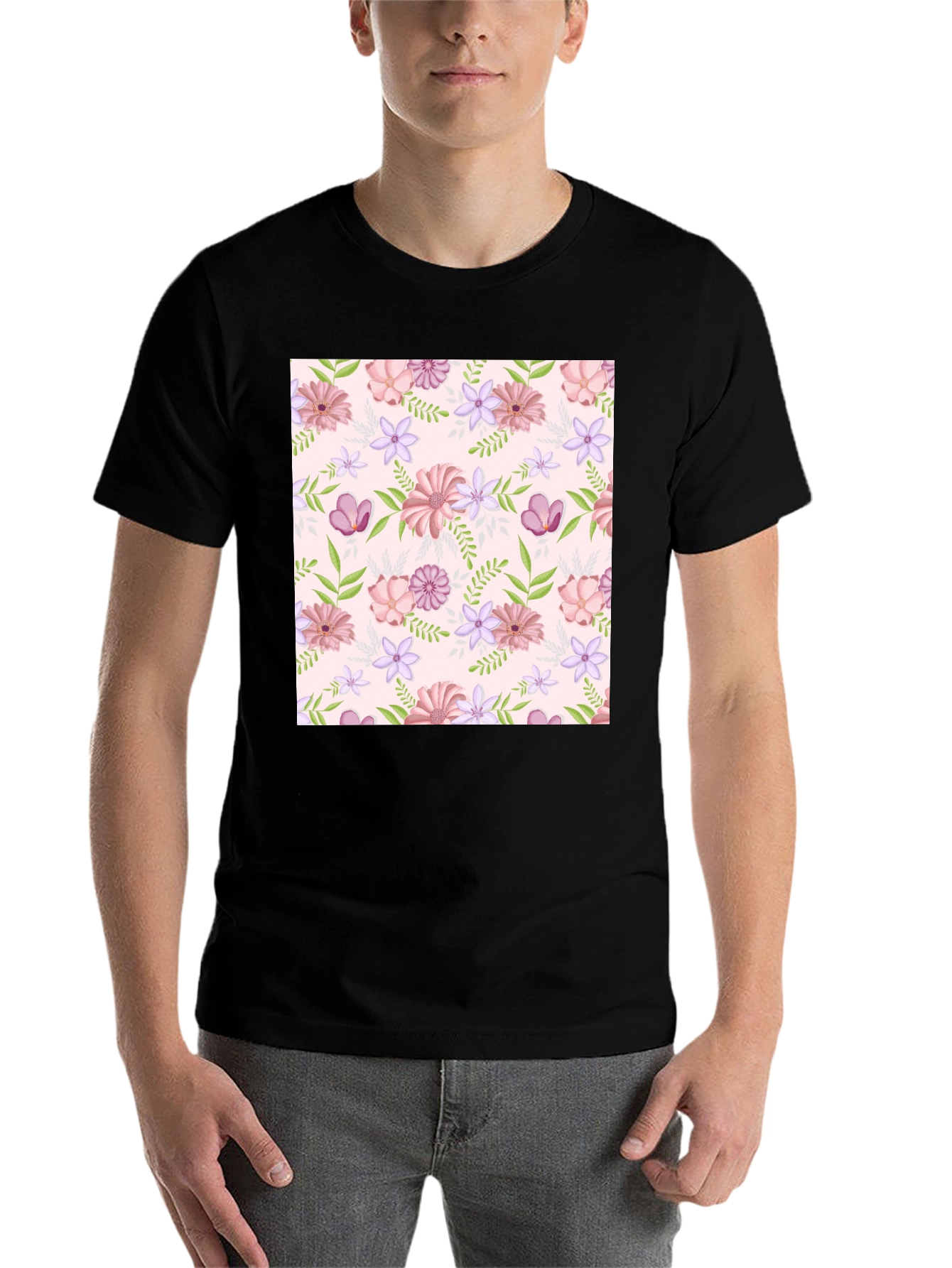 Black Floral Pattern T-Shirt - Black Casual Tee view 7