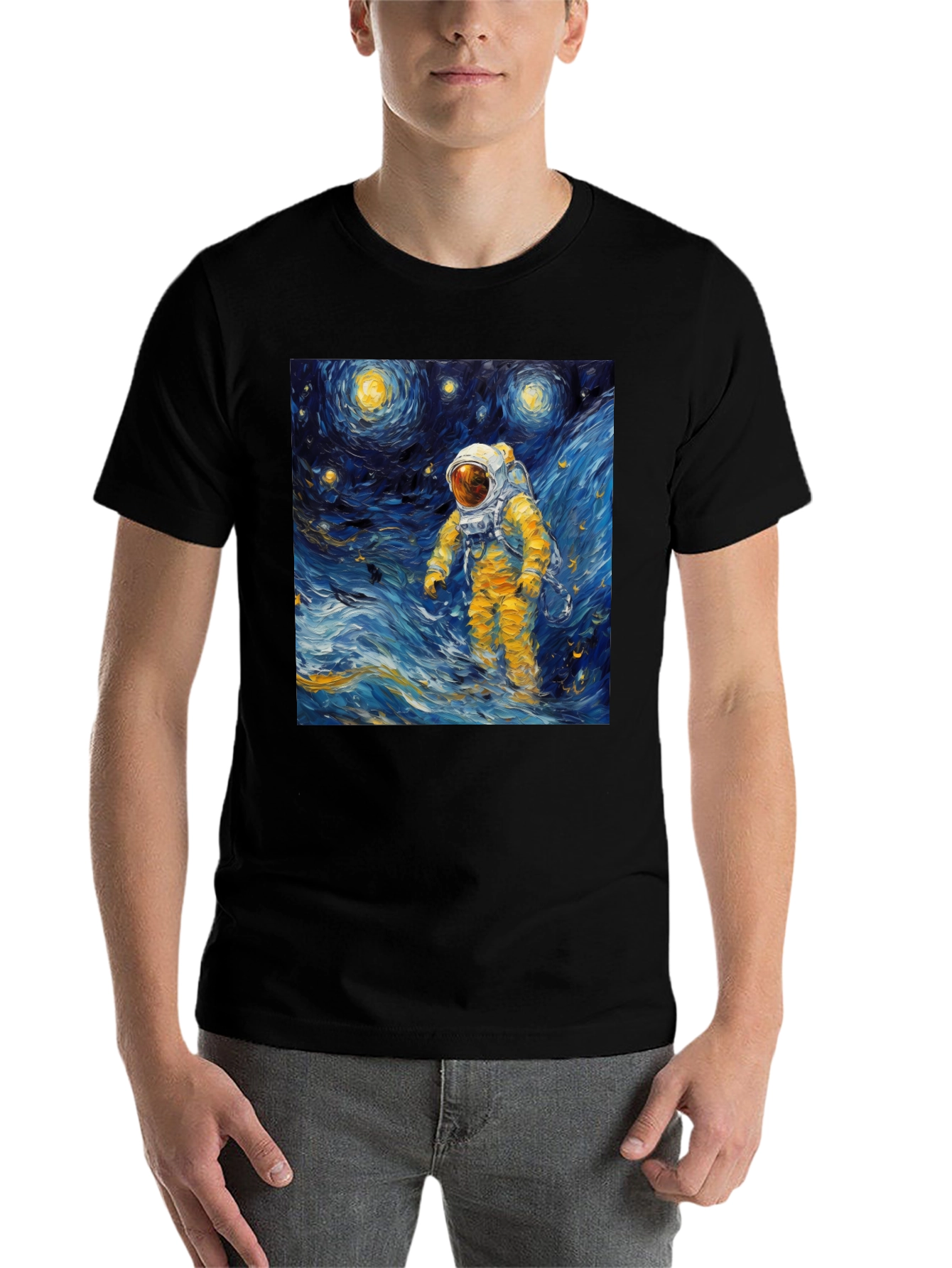 Black Starry Night Astronaut Graphic Tee view 7
