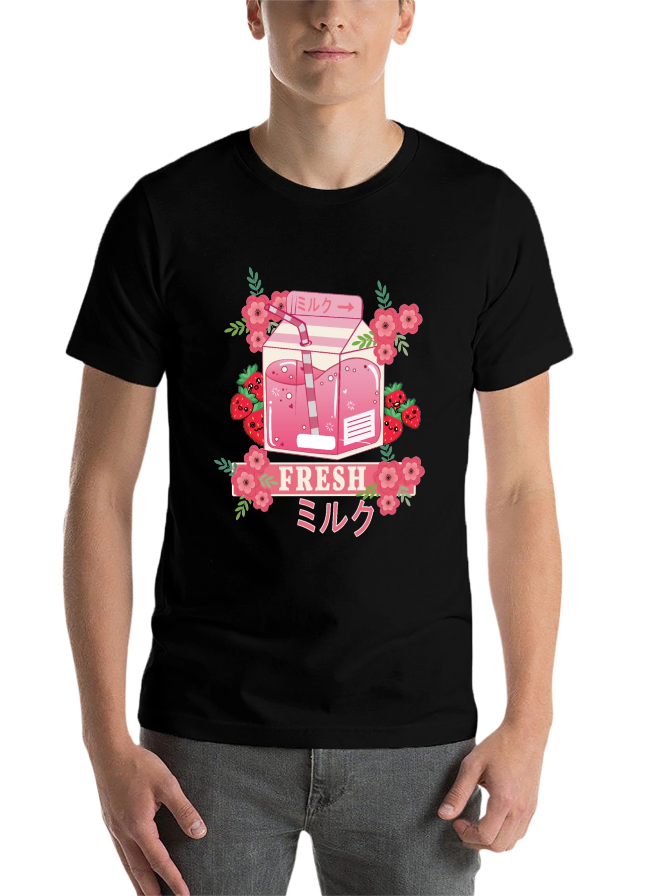 Black Strawberry Milk T-Shirt - Fresh Kawaii Design view 7