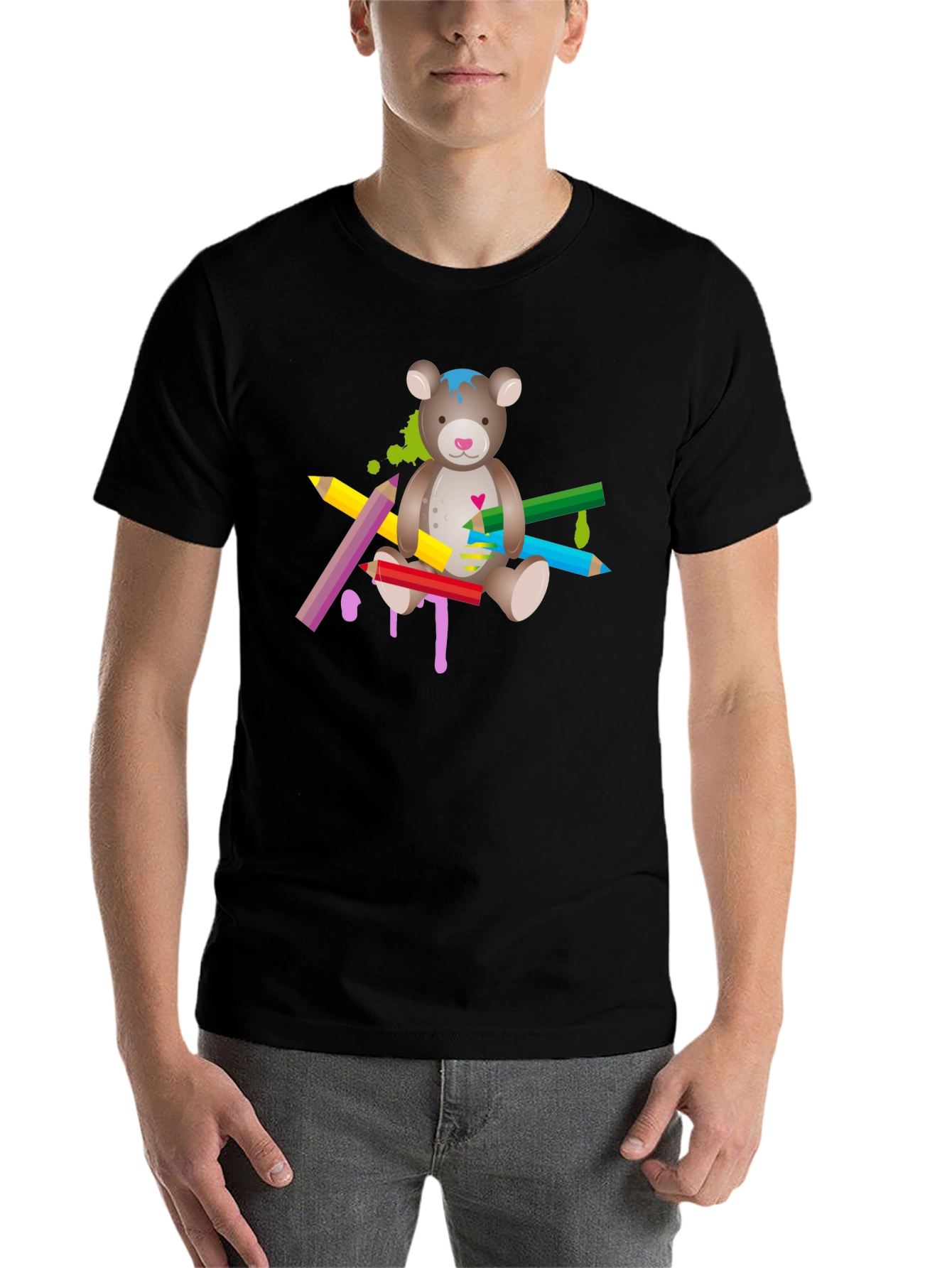 Black Cute Teddy Bear & Colorful Pencils Graphic T-Shirt - Unisex view 7