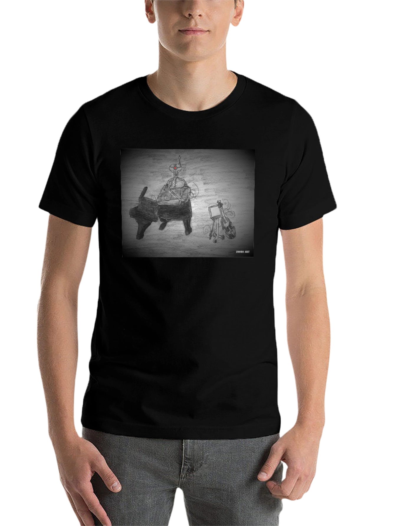 Black Robot Musician Tee - Artistic Black T-Shirt view 7