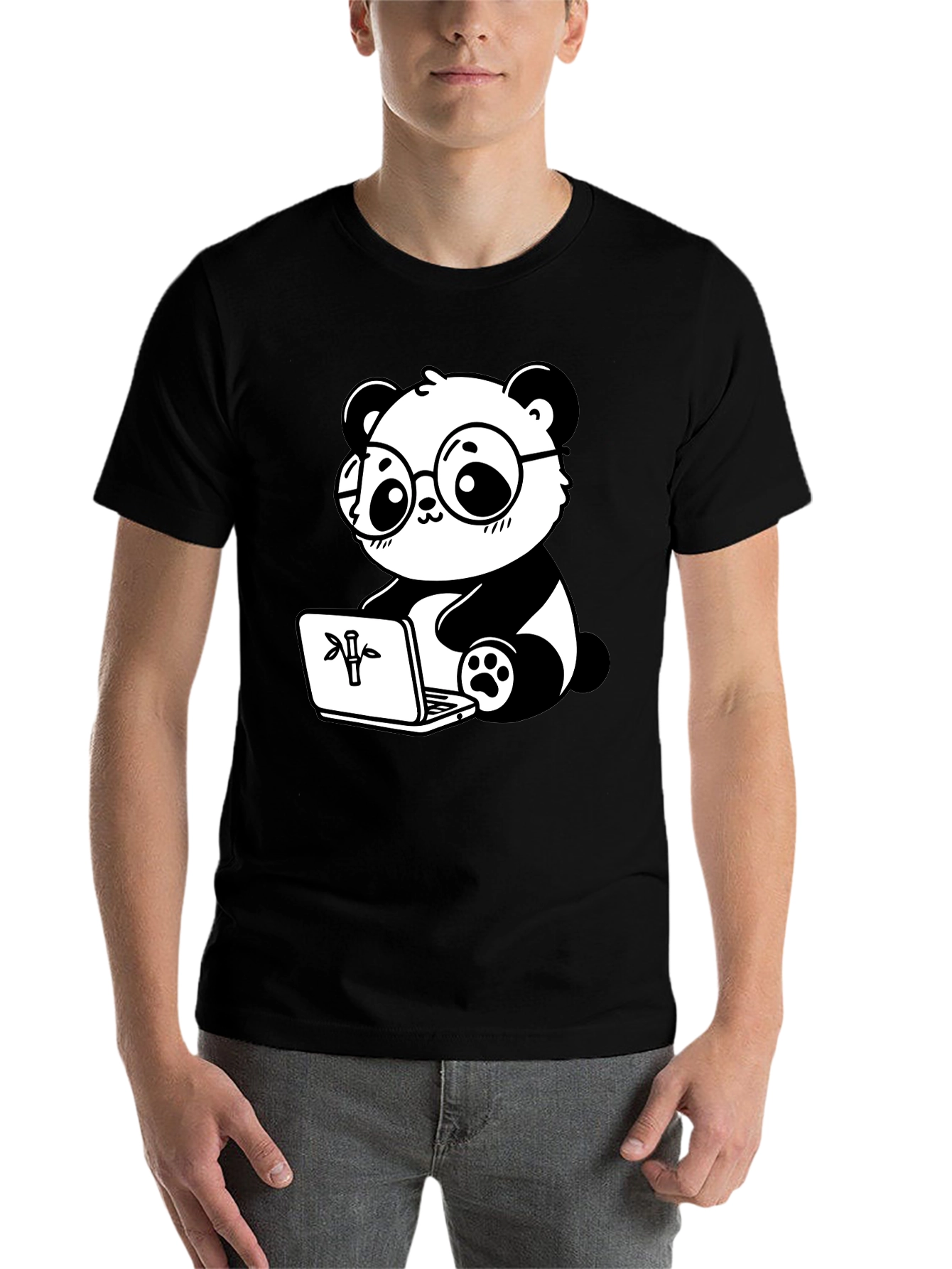 Black Cute Panda Laptop Graphic T-Shirt view 7
