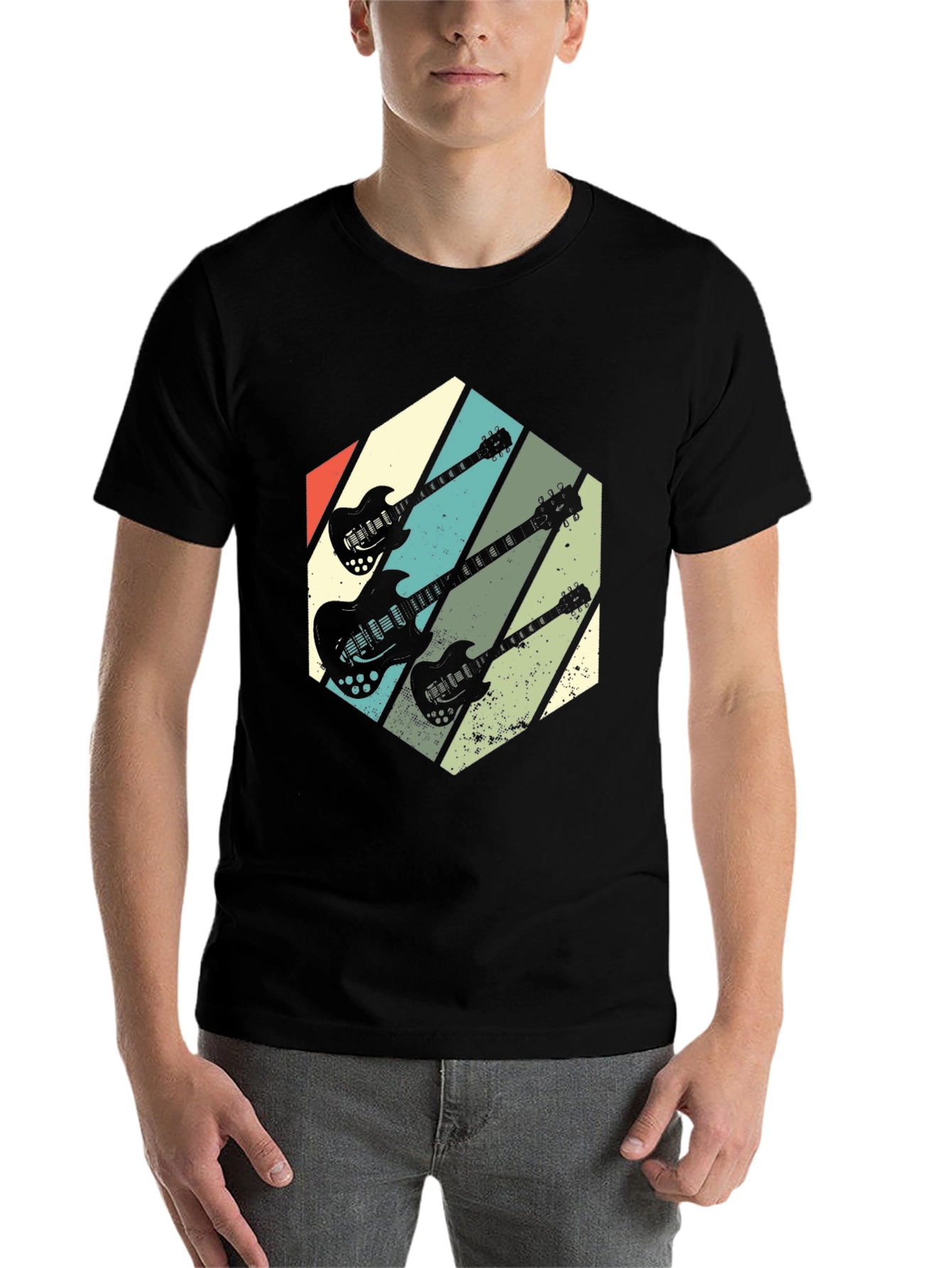 Black Retro Guitar Graphic T-Shirt - Vintage Rock Style view 7