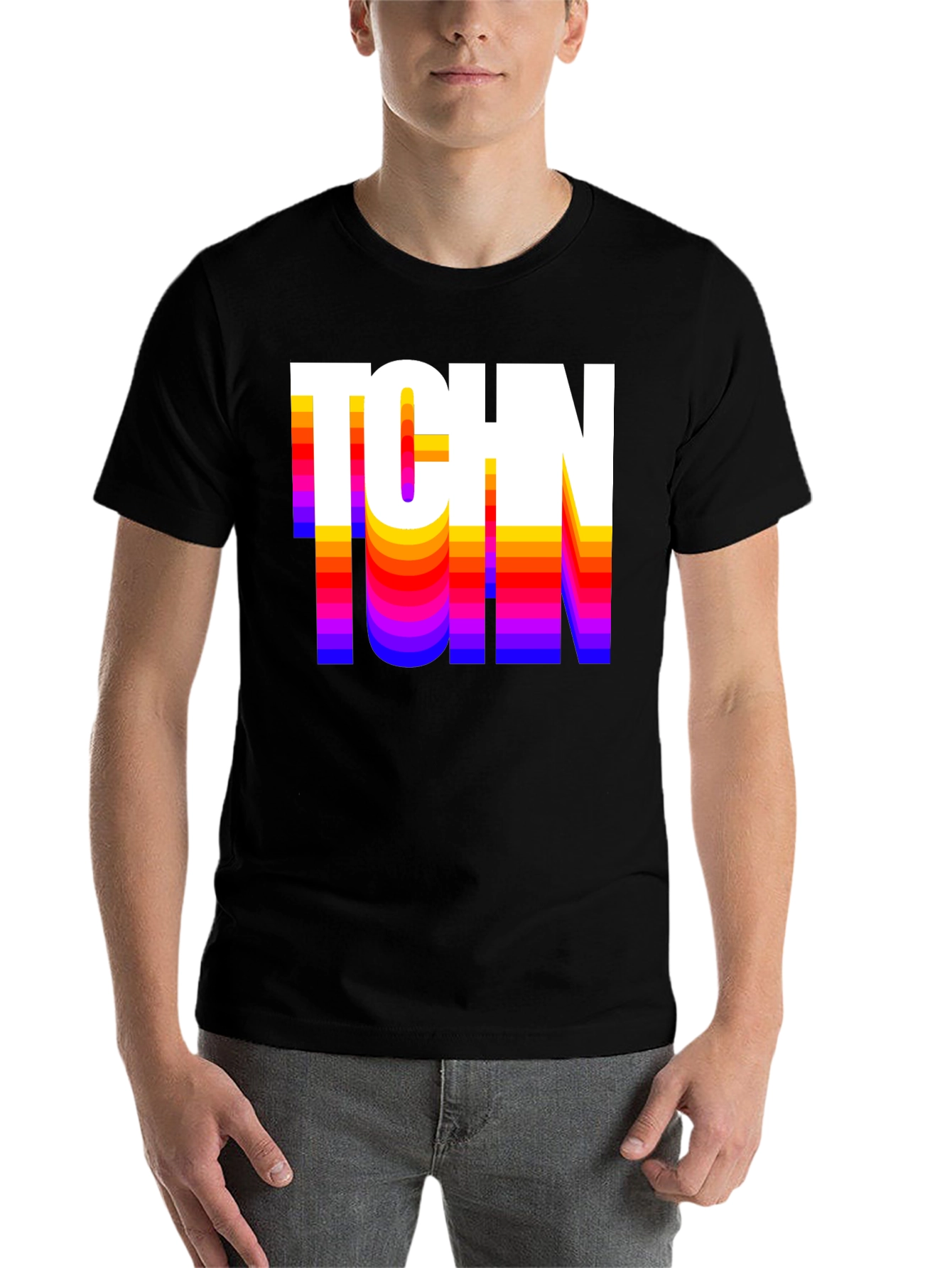 Black Retro TCHN Graphic Tee - Stylish Crew Neck T-Shirt view 7