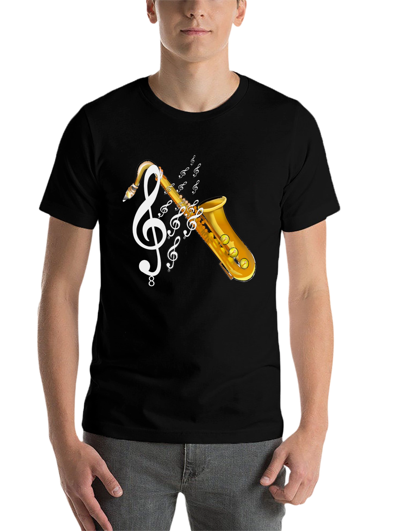Black Saxophone Music T-Shirt - Musical Clef Design view 7
