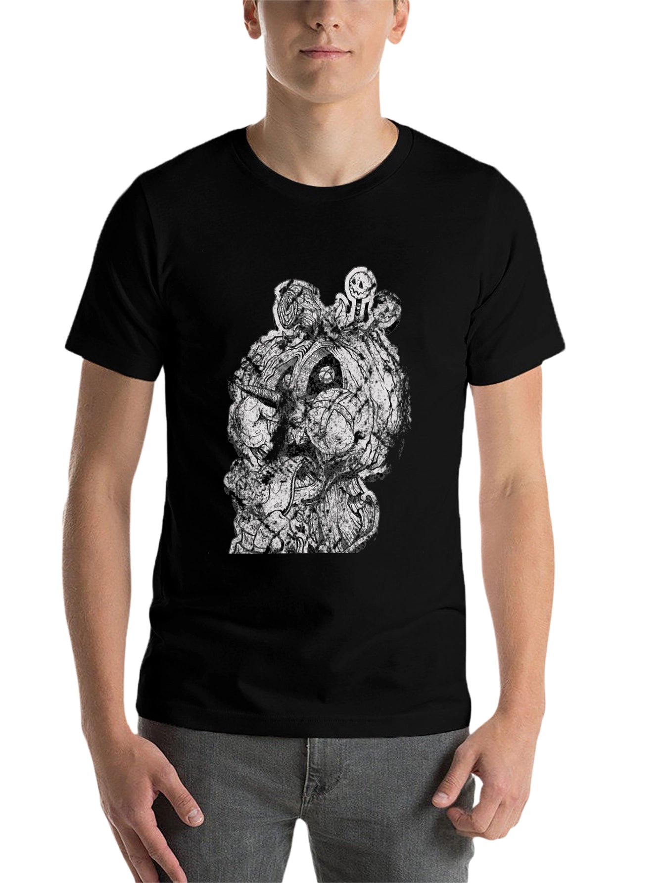 Black Creepy Pumpkin Graphic Tee - Black Cotton T-Shirt view 7
