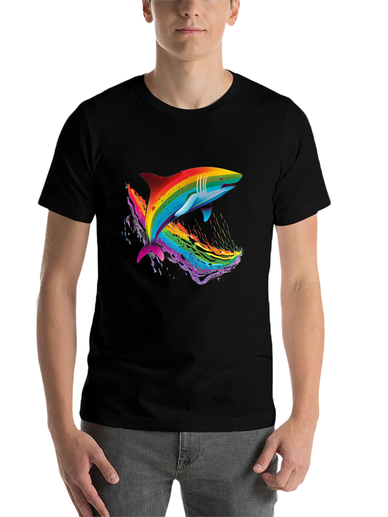 Black Rainbow Shark Graphic Black T-Shirt view 7