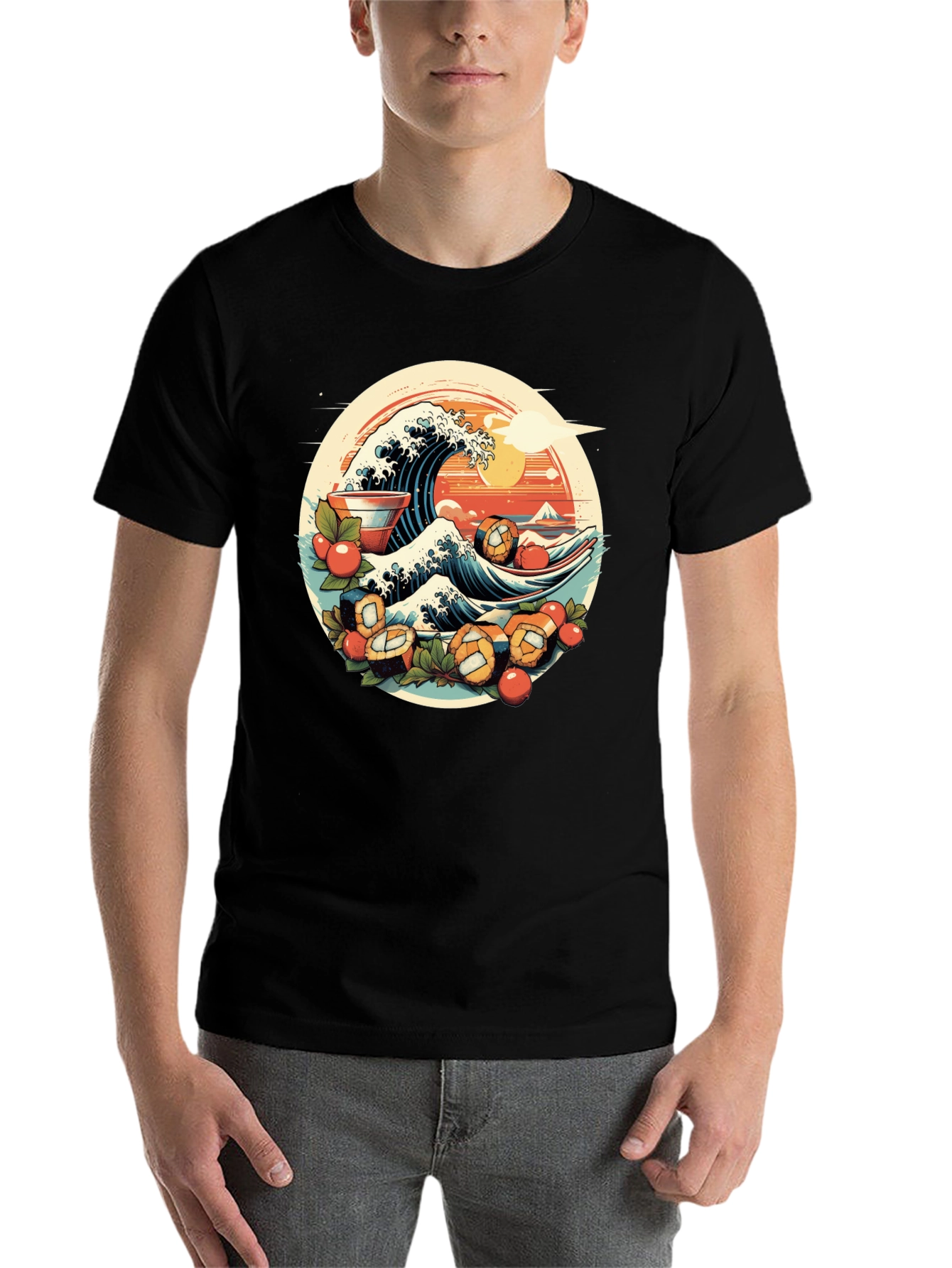 Black Sushi Wave Graphic Tee - Unique Japanese Art Shirt view 7