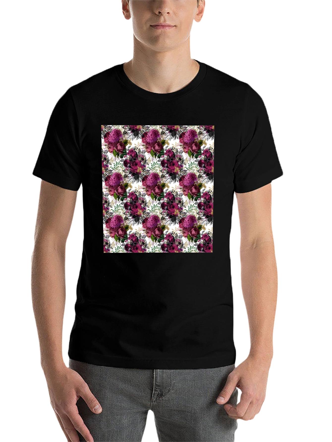 Black Floral Burst Men's T-Shirt - Unique Pattern Tee view 7
