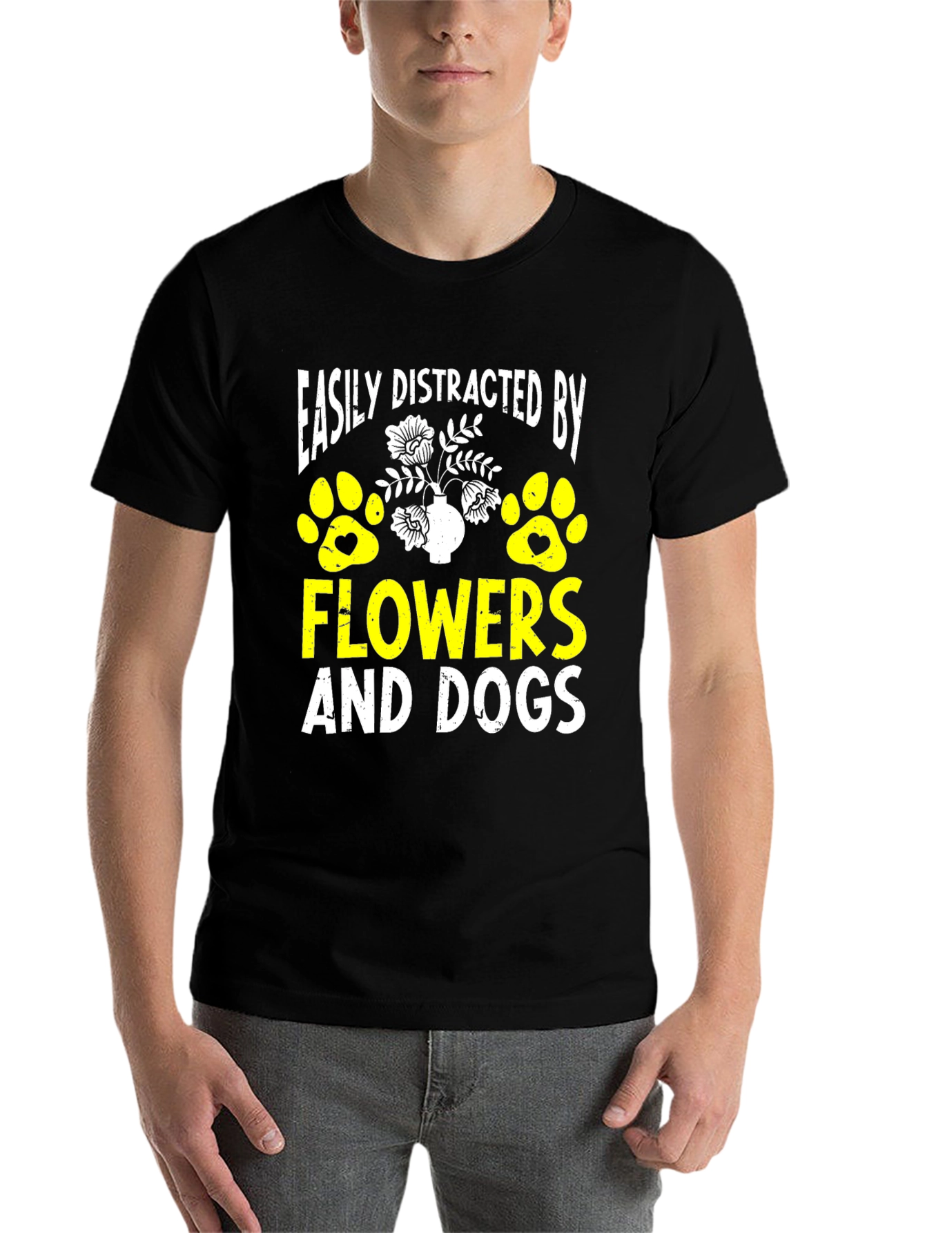 Black Easily Distracted By Flowers And Dogs T-Shirt view 7