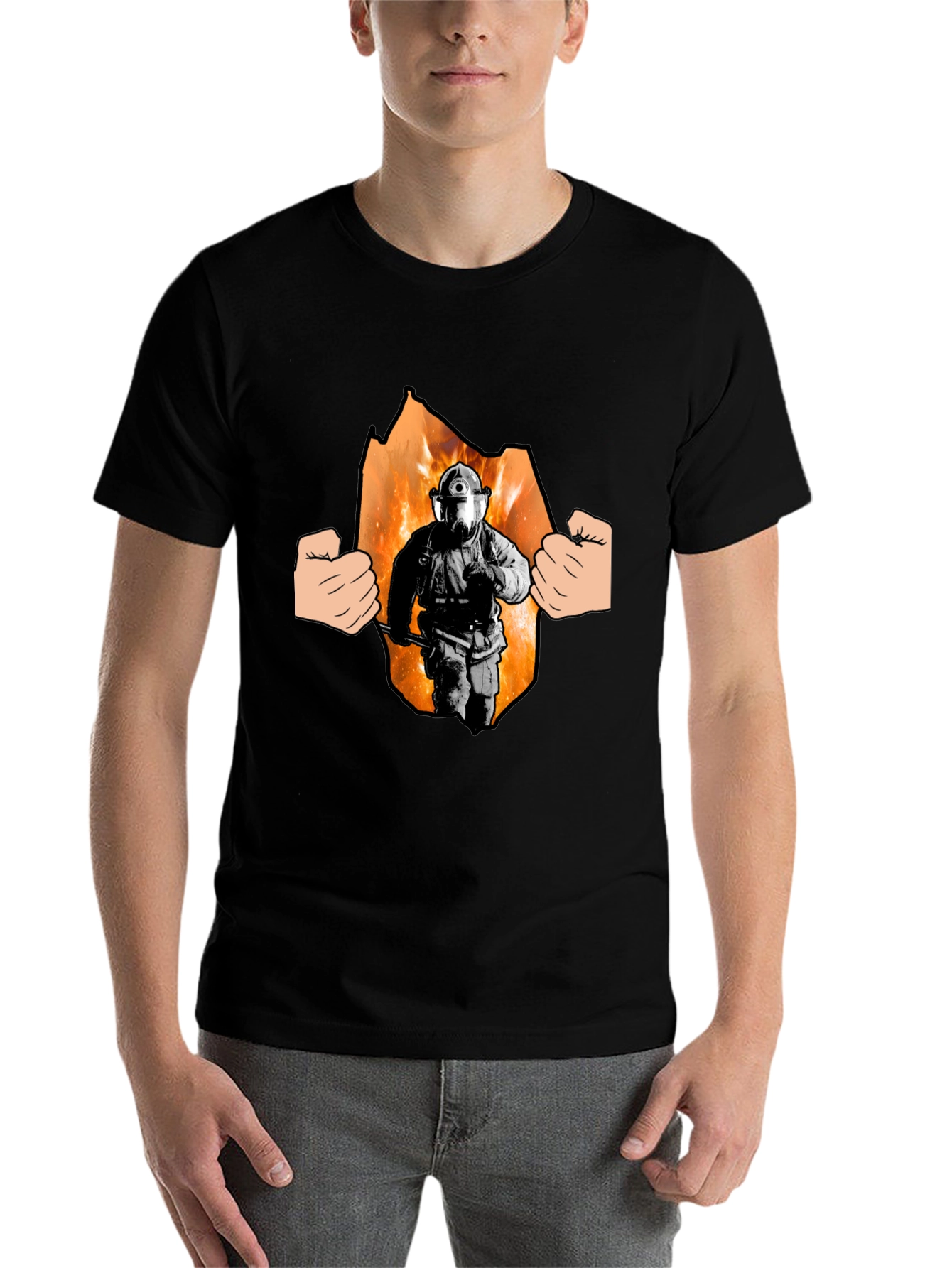 Black Firefighter Hero T-Shirt - Black Cotton Tee view 7