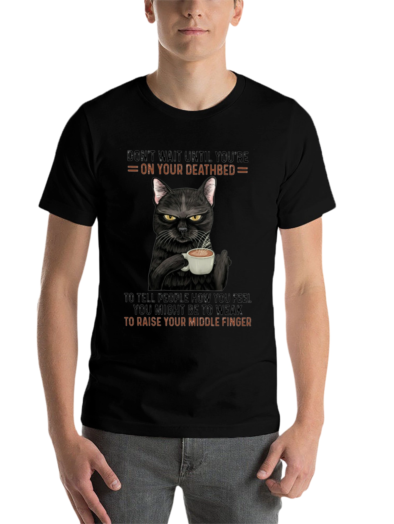 Black Sarcastic Cat Middle Finger T-Shirt view 7