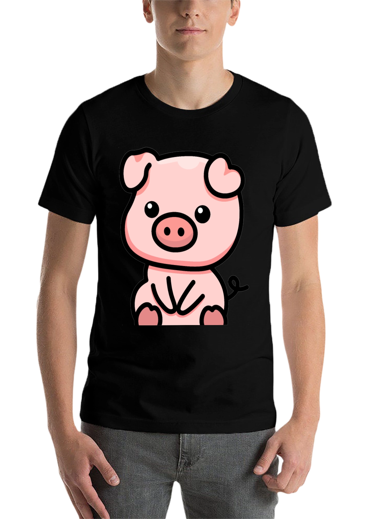 Black Cute Cartoon Pig Black T-Shirt view 7