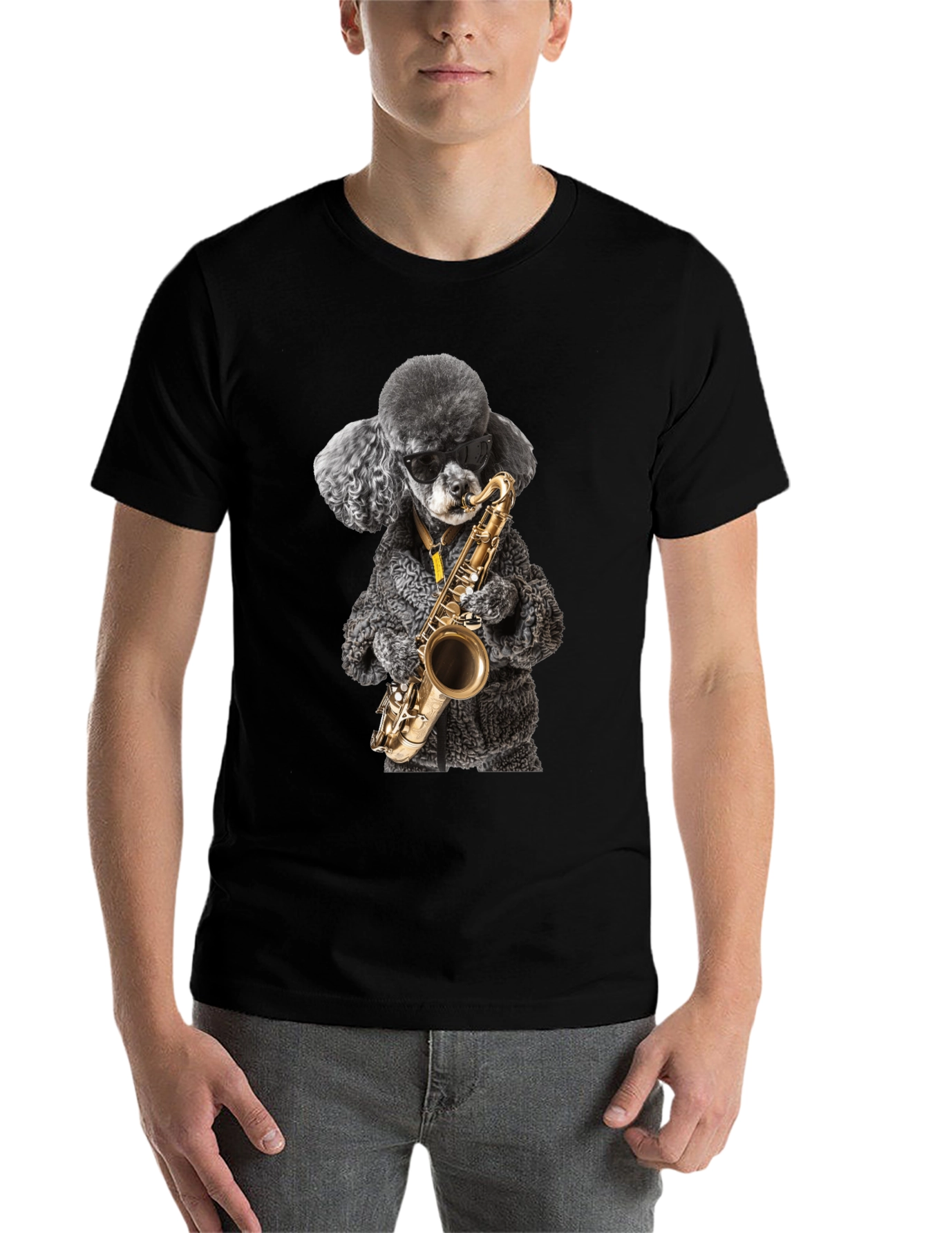 Black Cool Poodle Sax Player Graphic Tee view 7