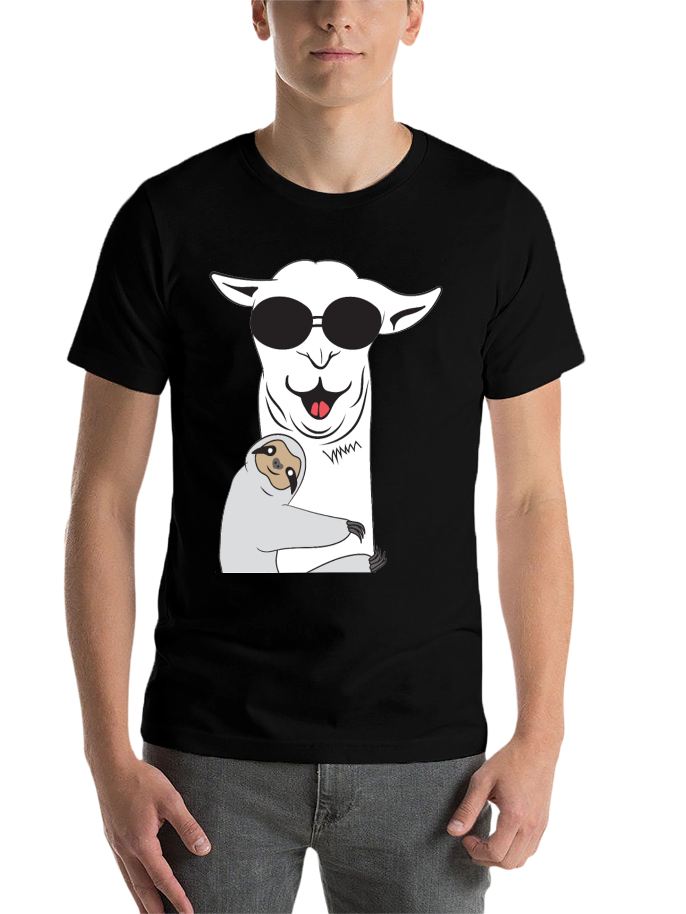 Black Cool Llama & Sloth T-Shirt - Funny Graphic Tee view 7