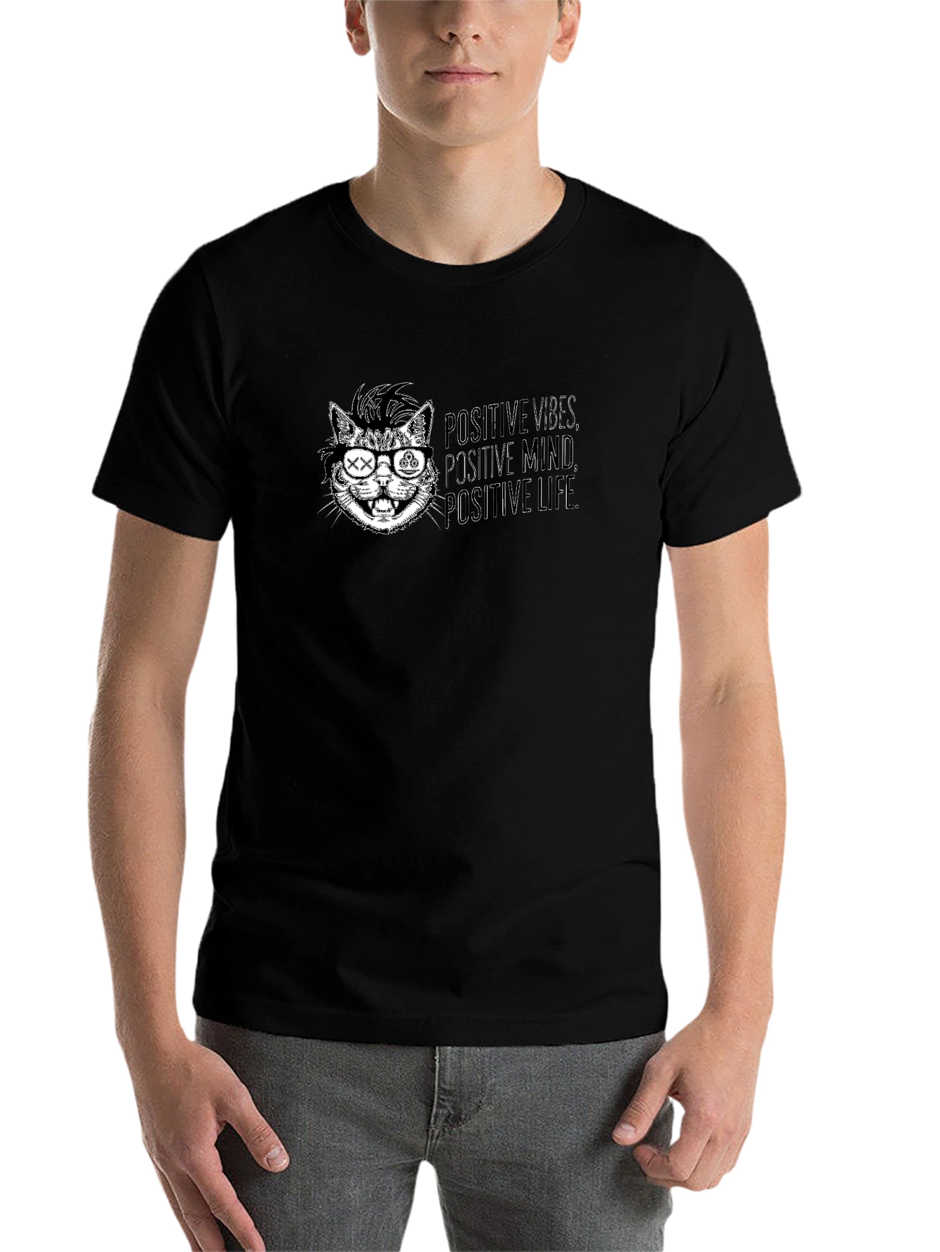 Black Positive Vibes Cat Graphic Tee - Cool Casual Style view 7