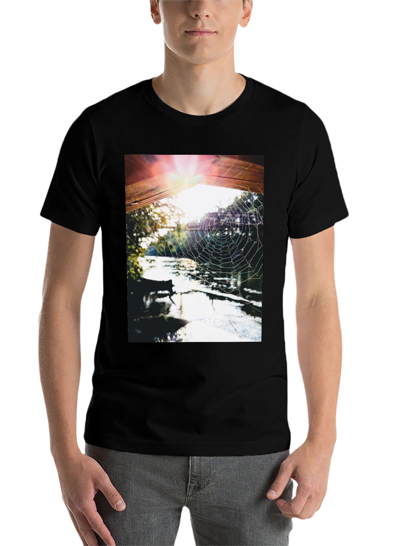 Black Spider Web at Sunrise T-Shirt view 7