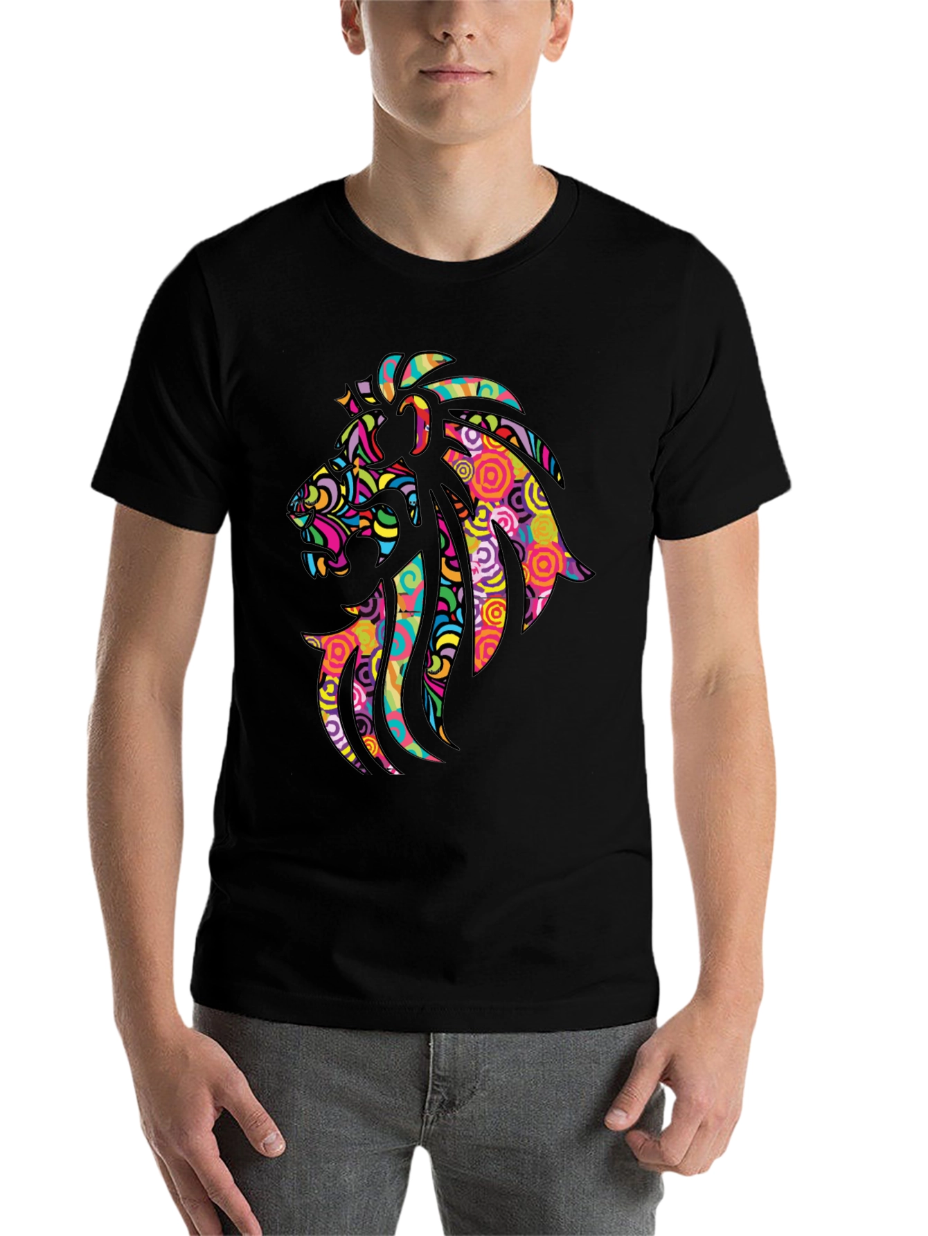 Black Psychedelic Lion Graphic Black T-Shirt view 7