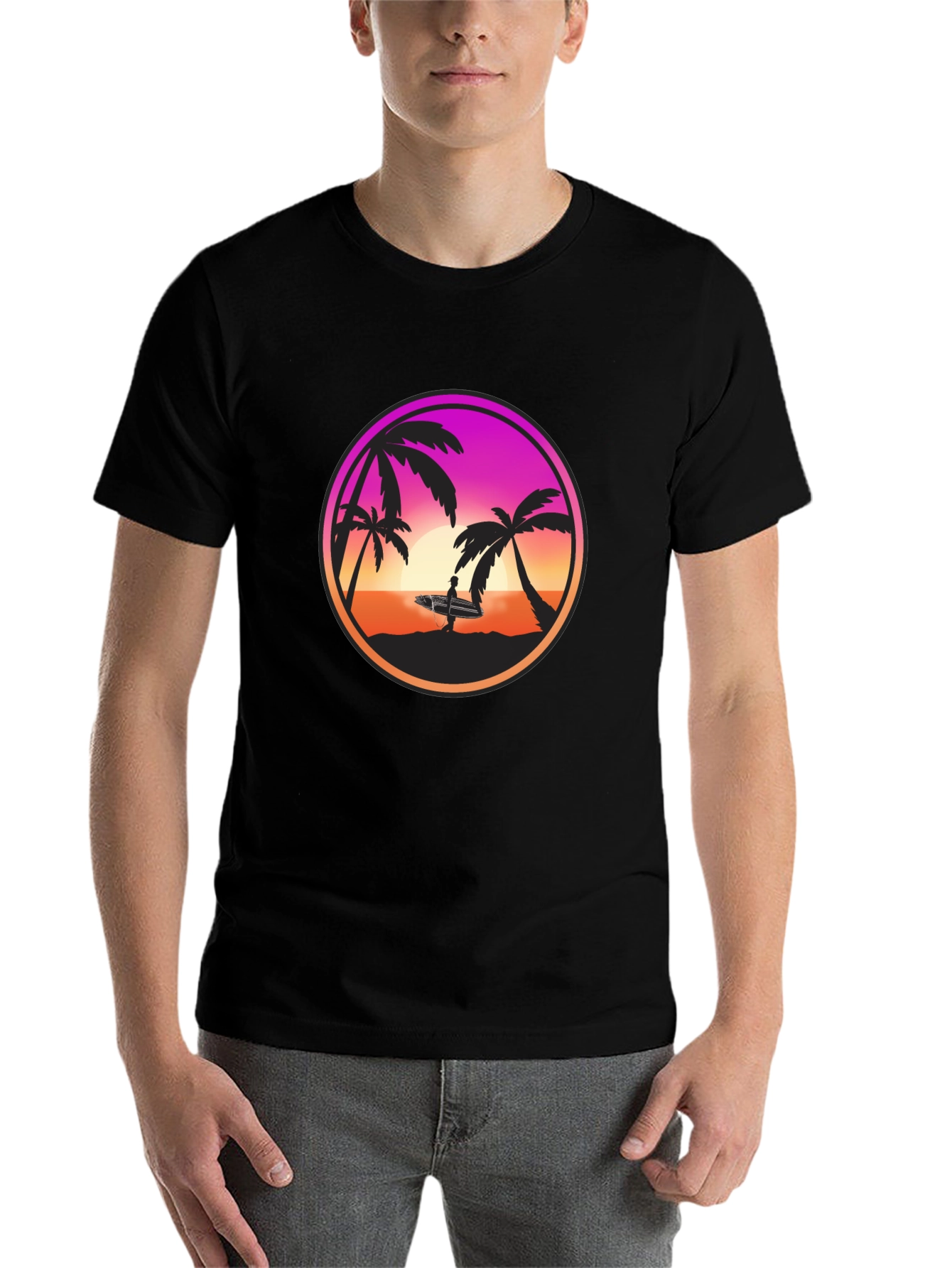 Black Sunset Surfer Graphic Tee - Black Cotton Blend view 7