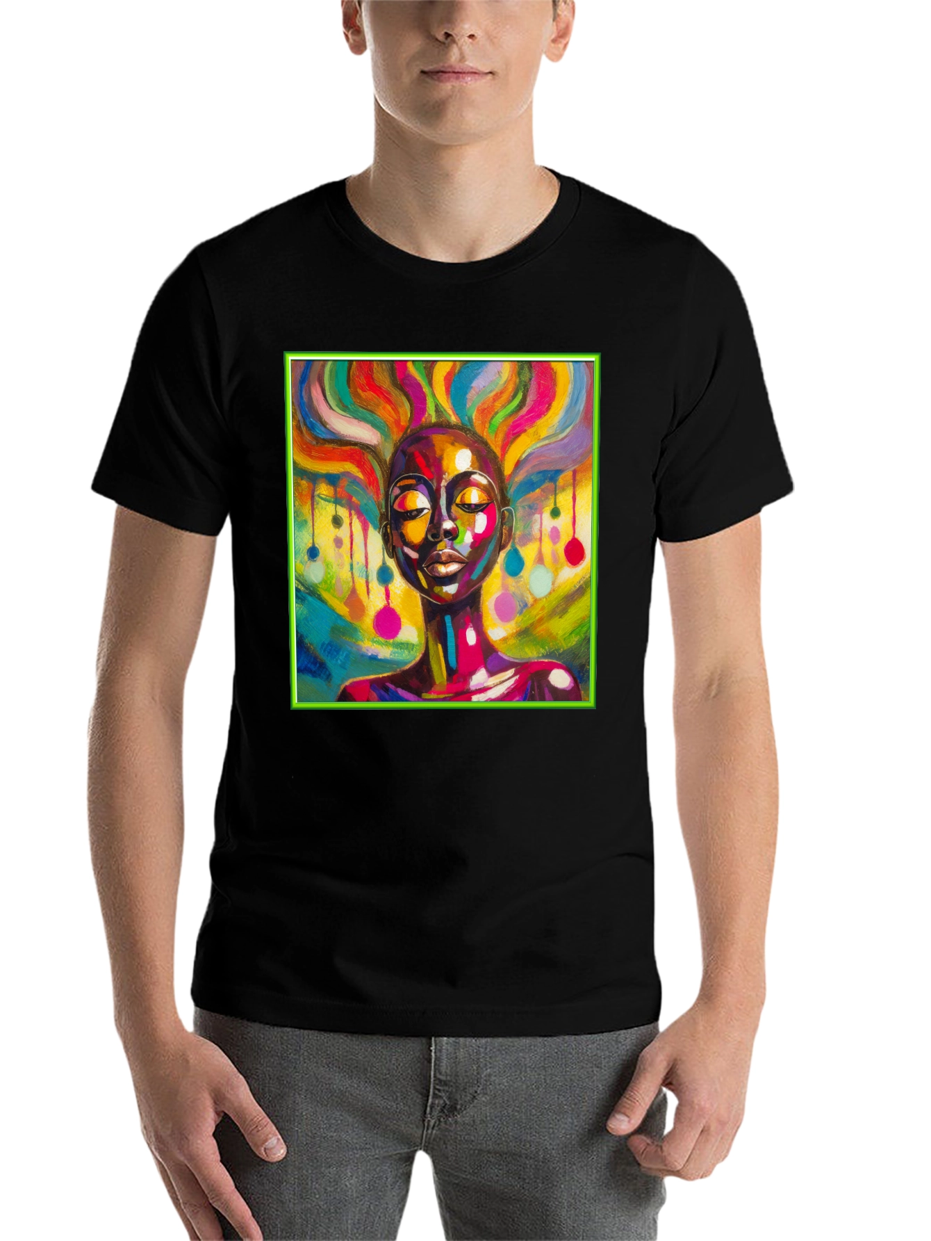 Black Vibrant Art T-Shirt: Colorful Woman Design view 7