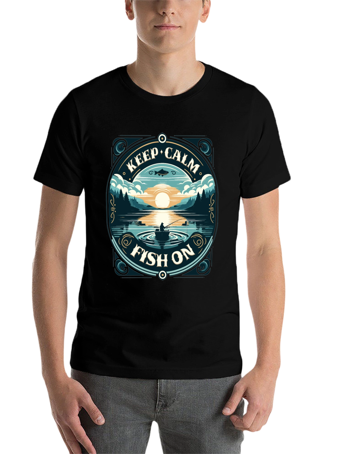 Black Keep Calm Fish On T-Shirt view 7
