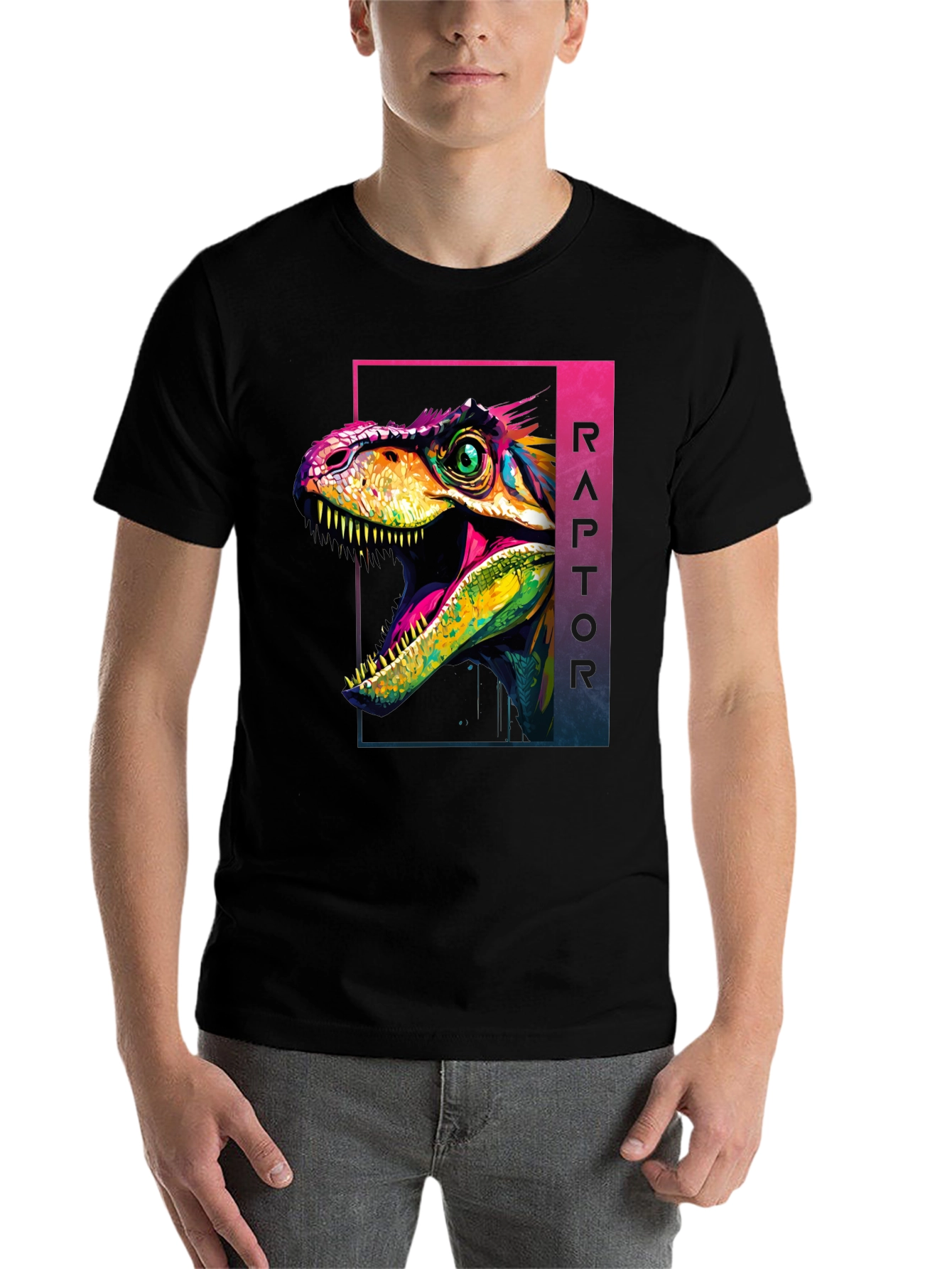 Black Vibrant Raptor Graphic Tee - Bold Dinosaur Design view 7