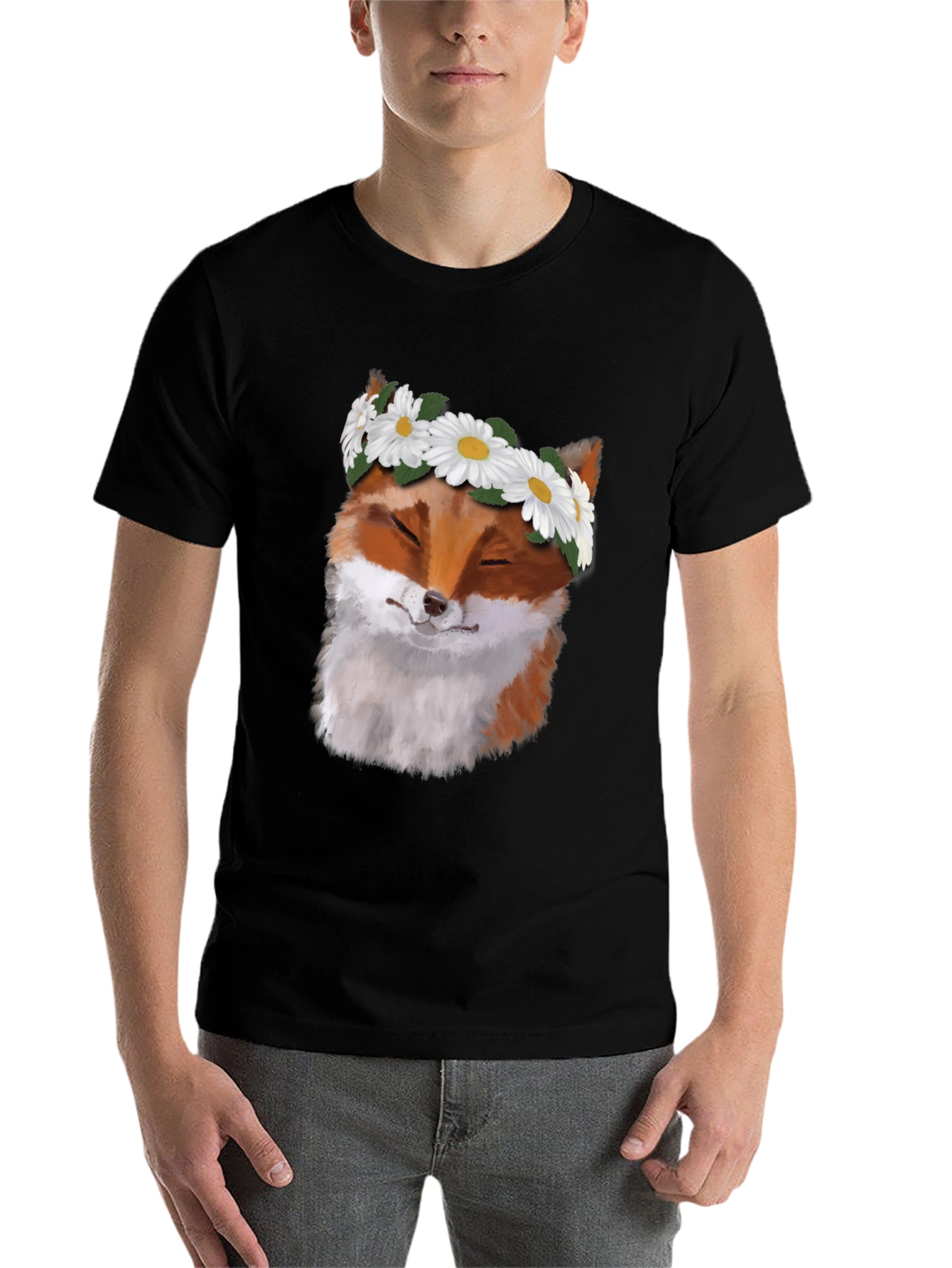 Black Fox with Daisy Crown Black T-Shirt - Unique Graphic Tee view 7