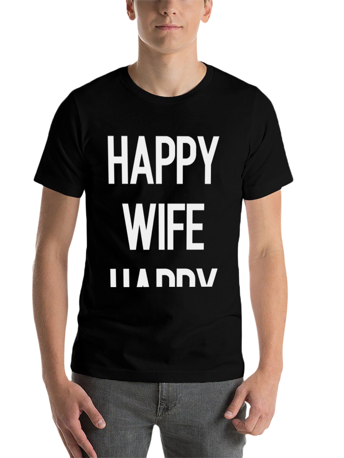 Black Happy Wife, Happy Life T-Shirt - Black Crew Neck view 7