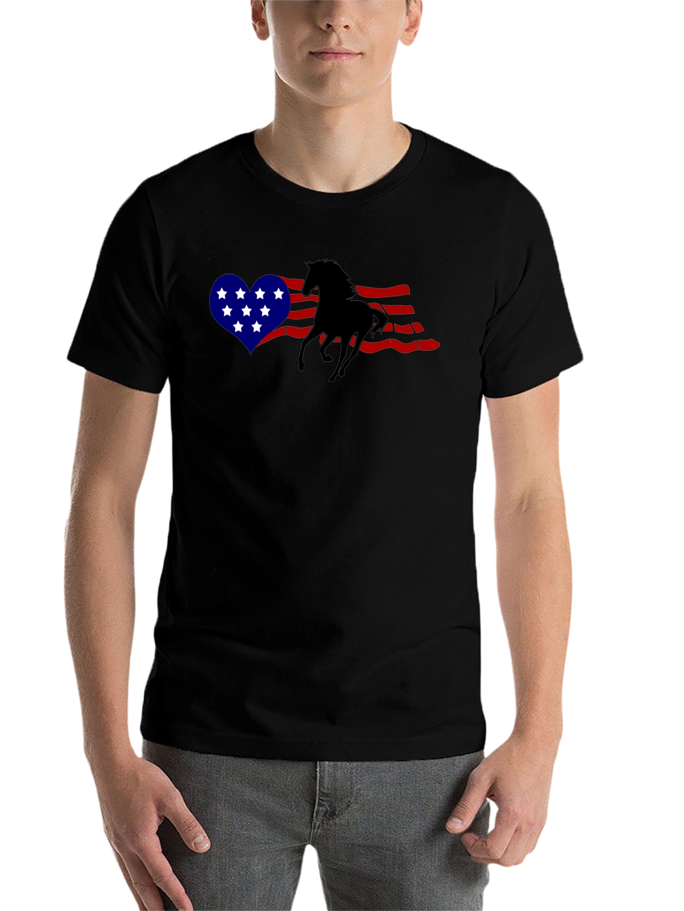 Black American Flag Horse Graphic T-Shirt view 7