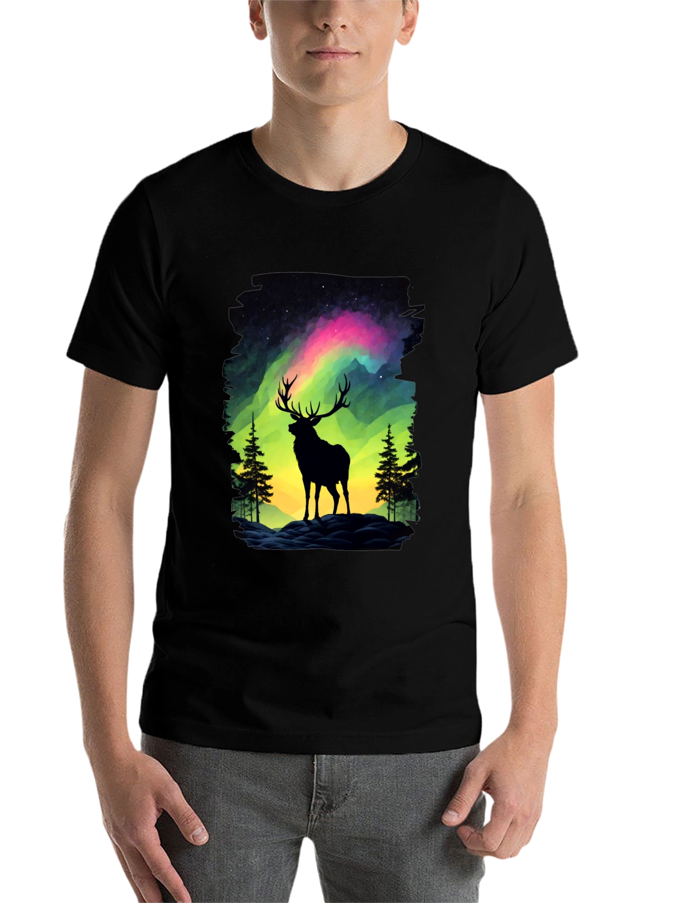 Black Aurora Deer Graphic Tee - Nature Inspired Design view 7