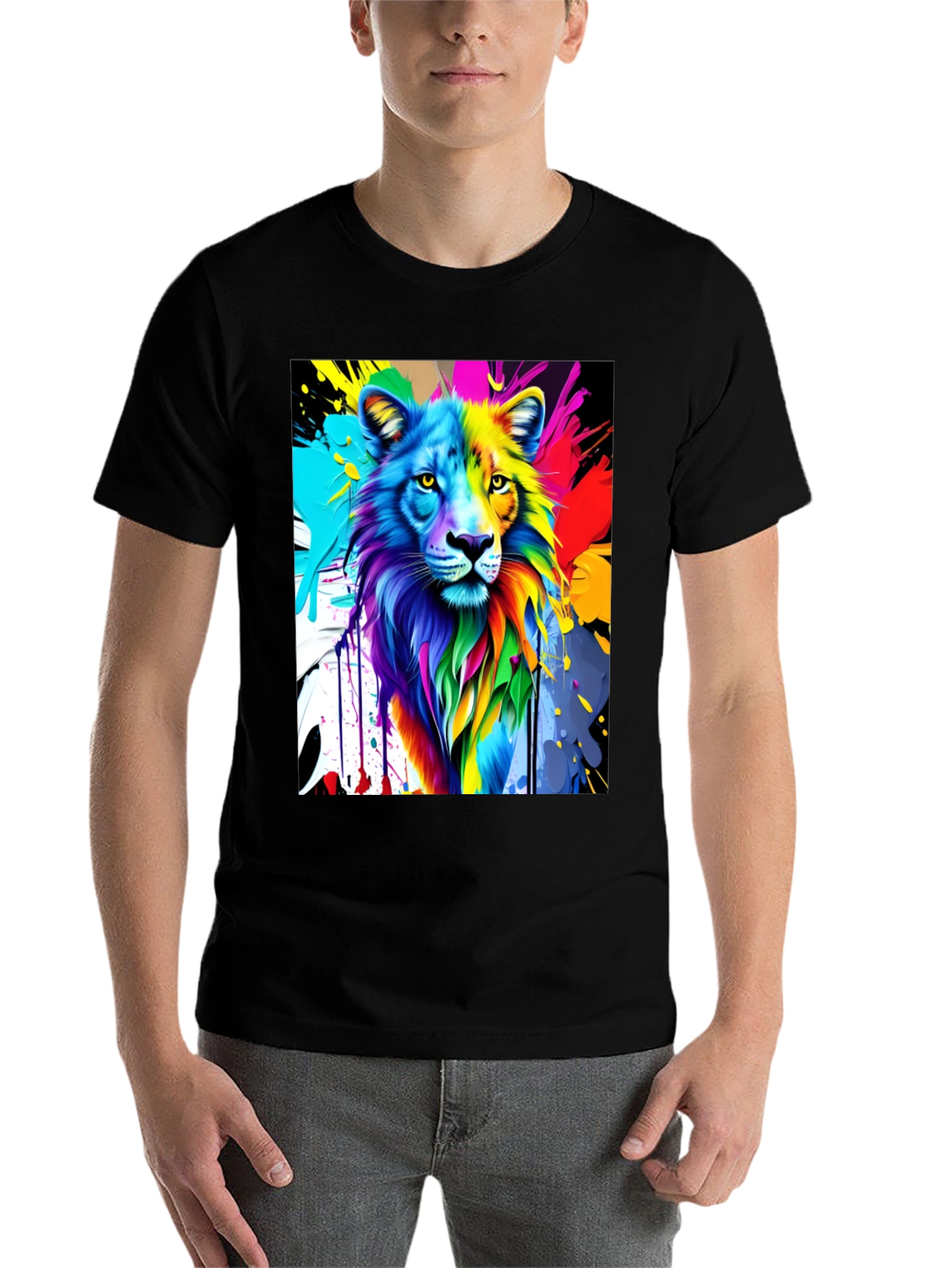 Black Colorful Lion Graphic Black T-Shirt view 7