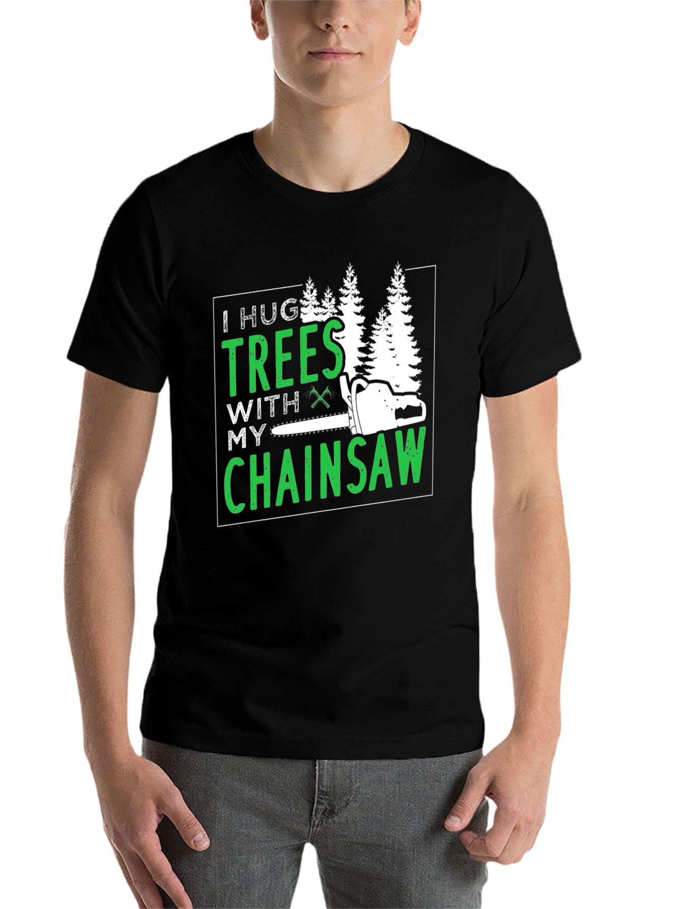 Black I Hug Trees With My Chainsaw Graphic Tee view 7