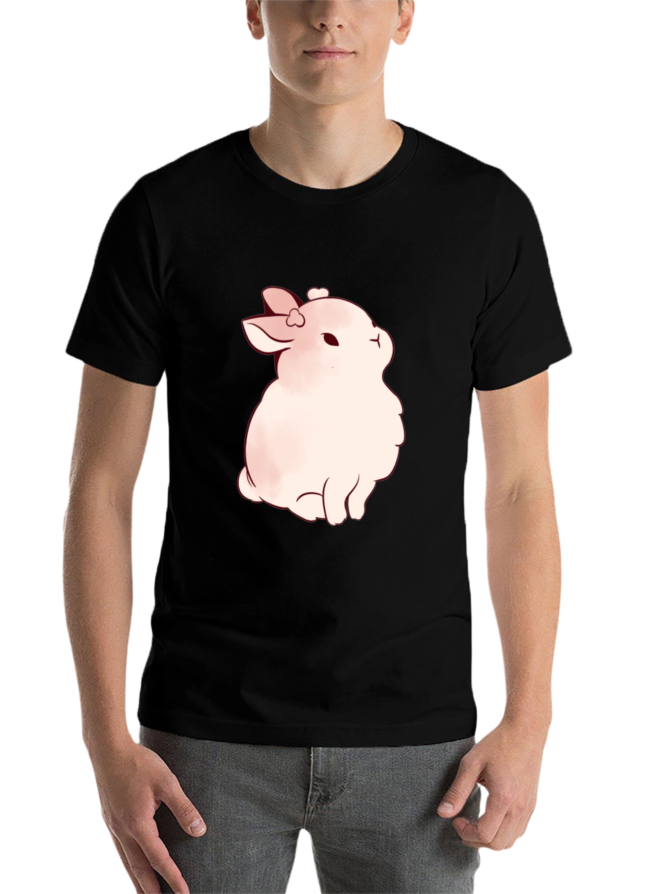 Black Cute Bunny Graphic Black T-Shirt view 7