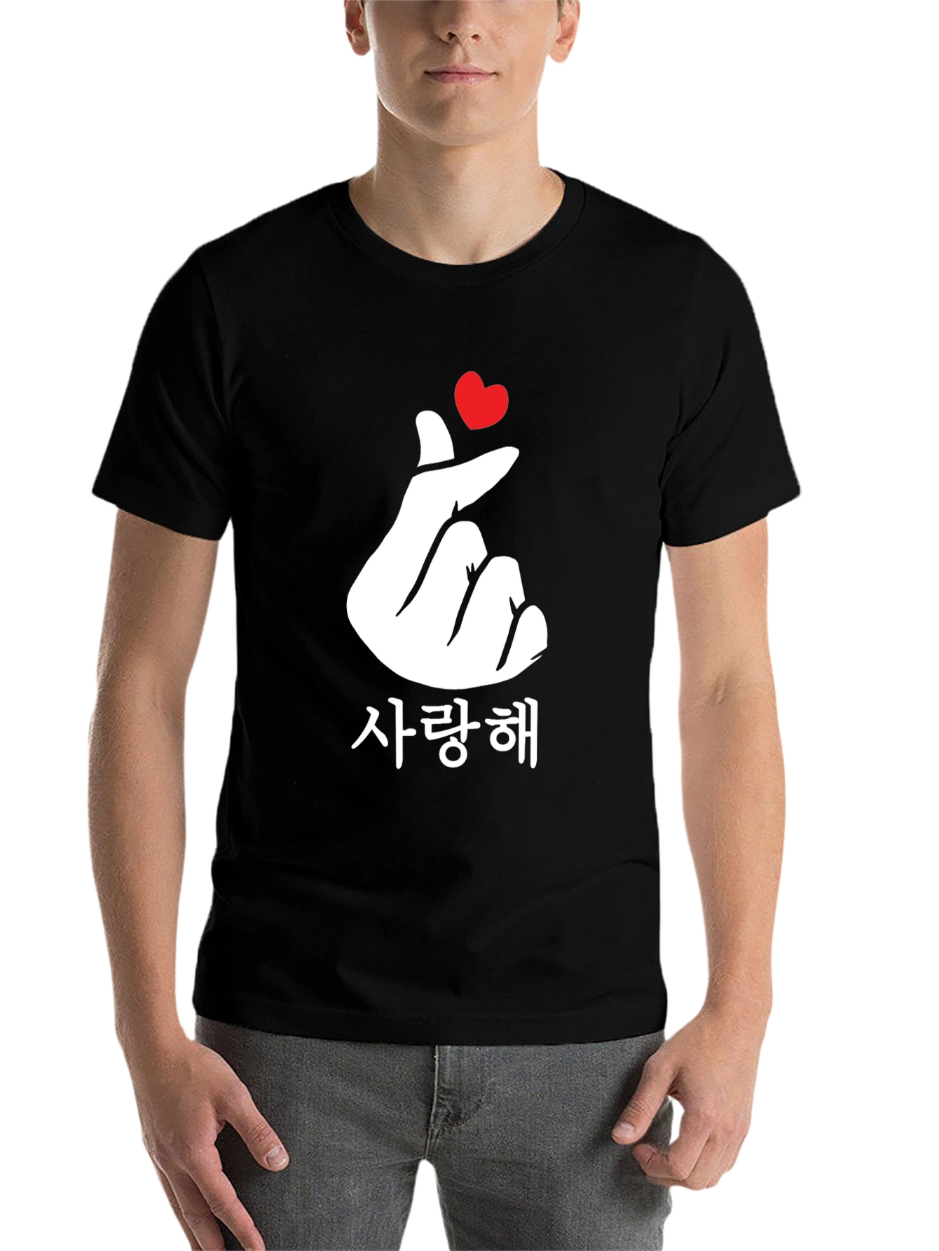 Black Korean Finger Heart Love T-Shirt - Black view 7