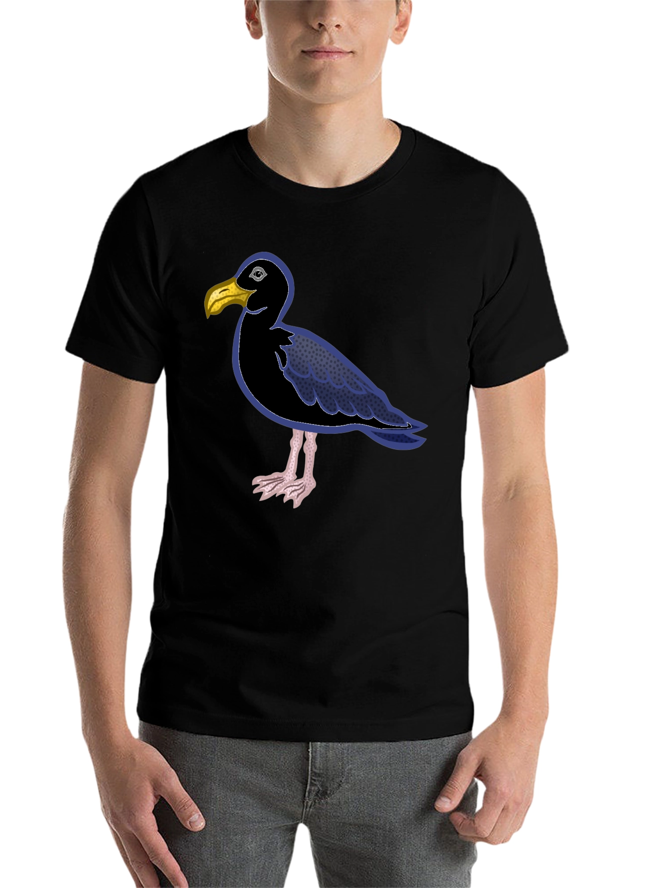 Black Black T-Shirt with Cartoon Seagull Design view 7