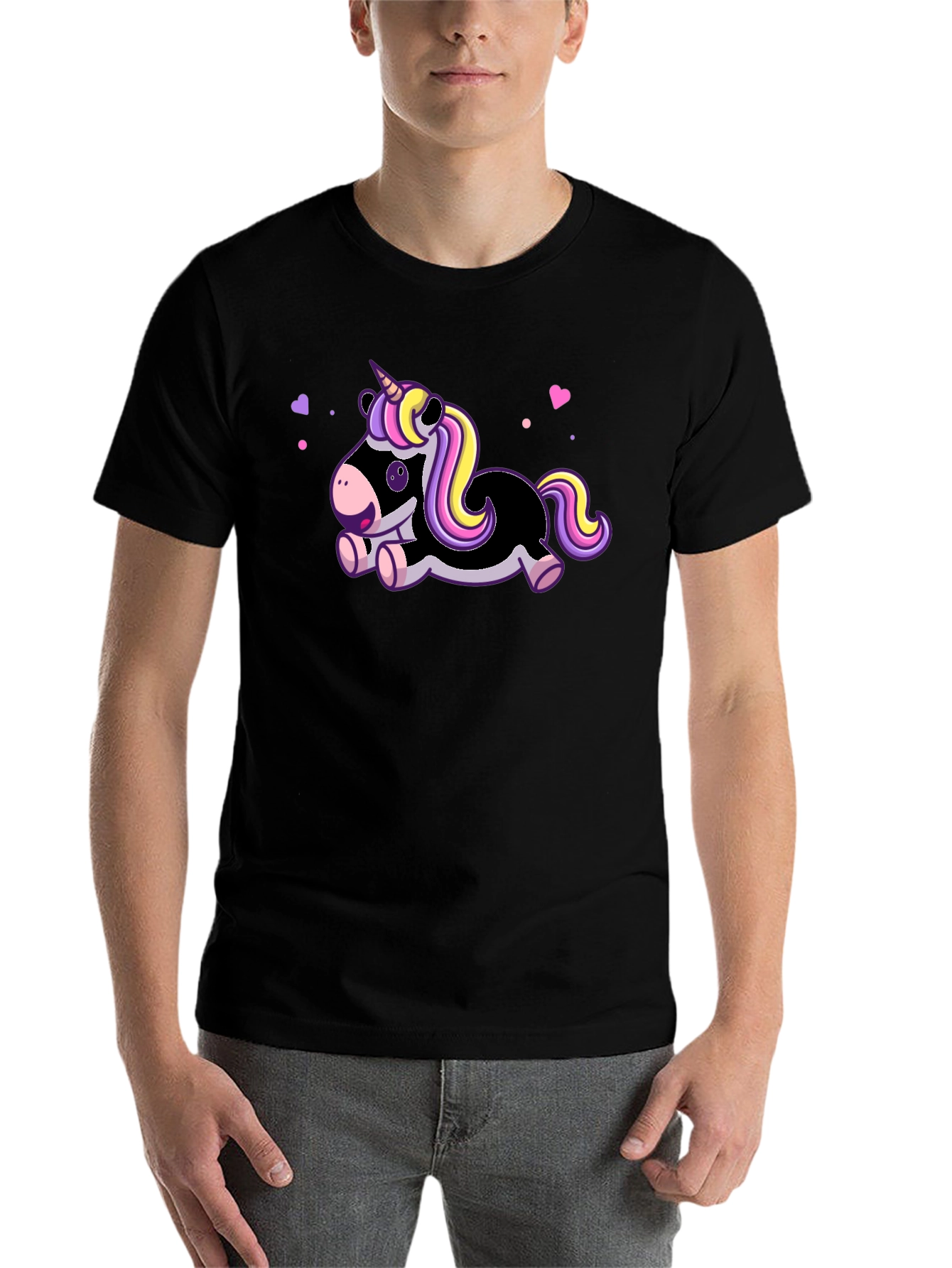 Black Cute Cartoon Unicorn Black T-Shirt view 7