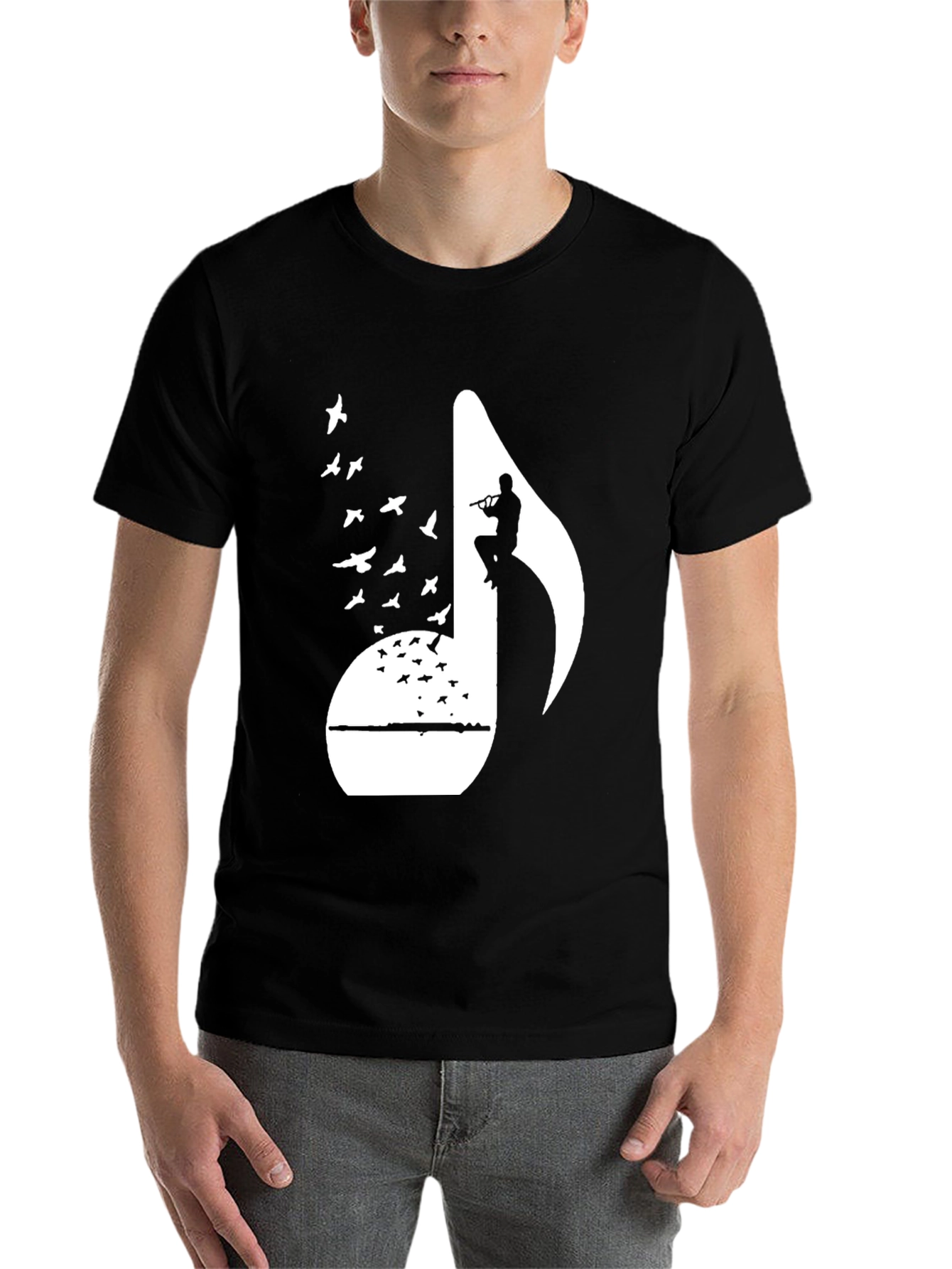 Black Musical Note Flute Player Graphic Tee - Black Cotton T-Shirt view 7