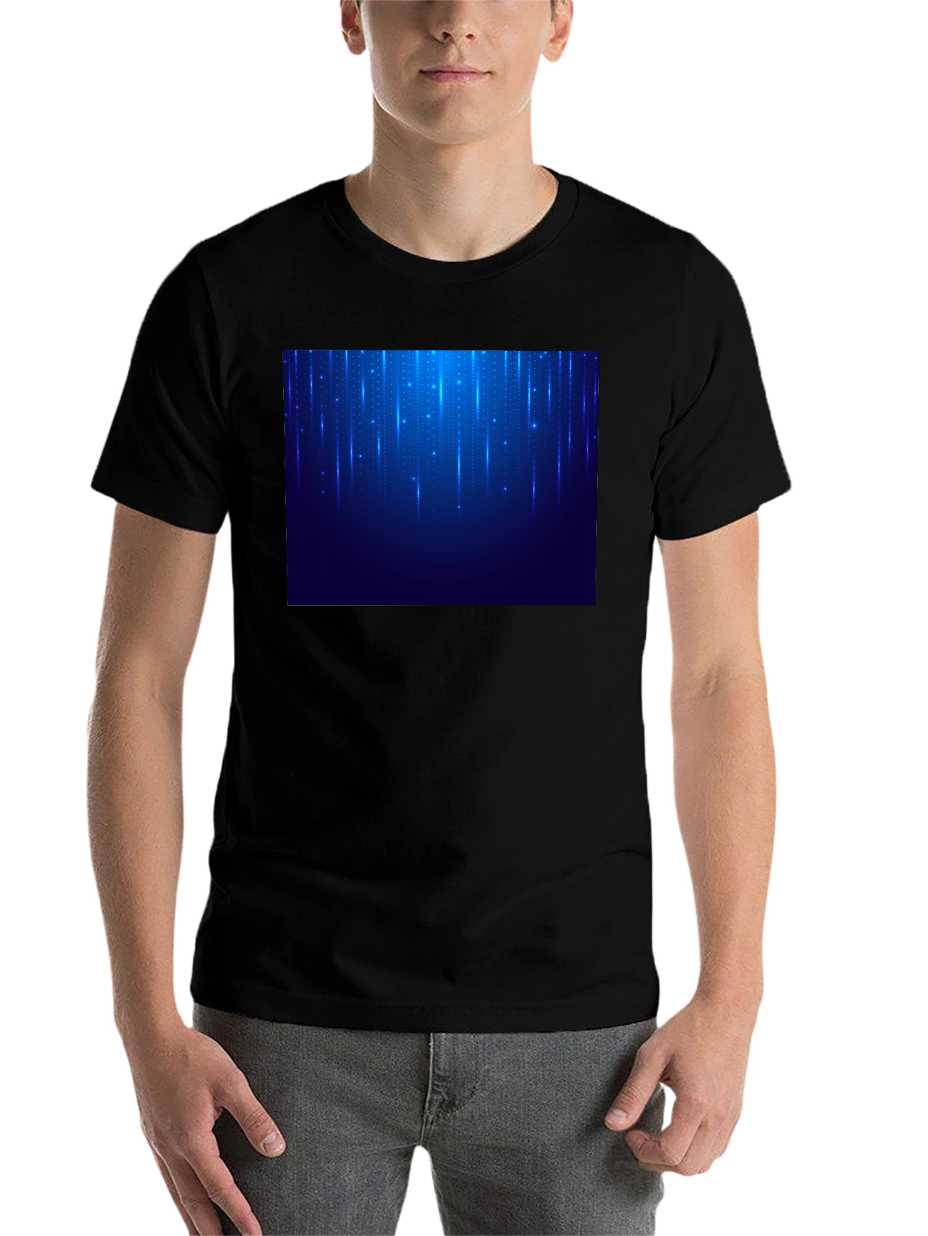 Black Men's Black T-Shirt with Blue Light Design view 7